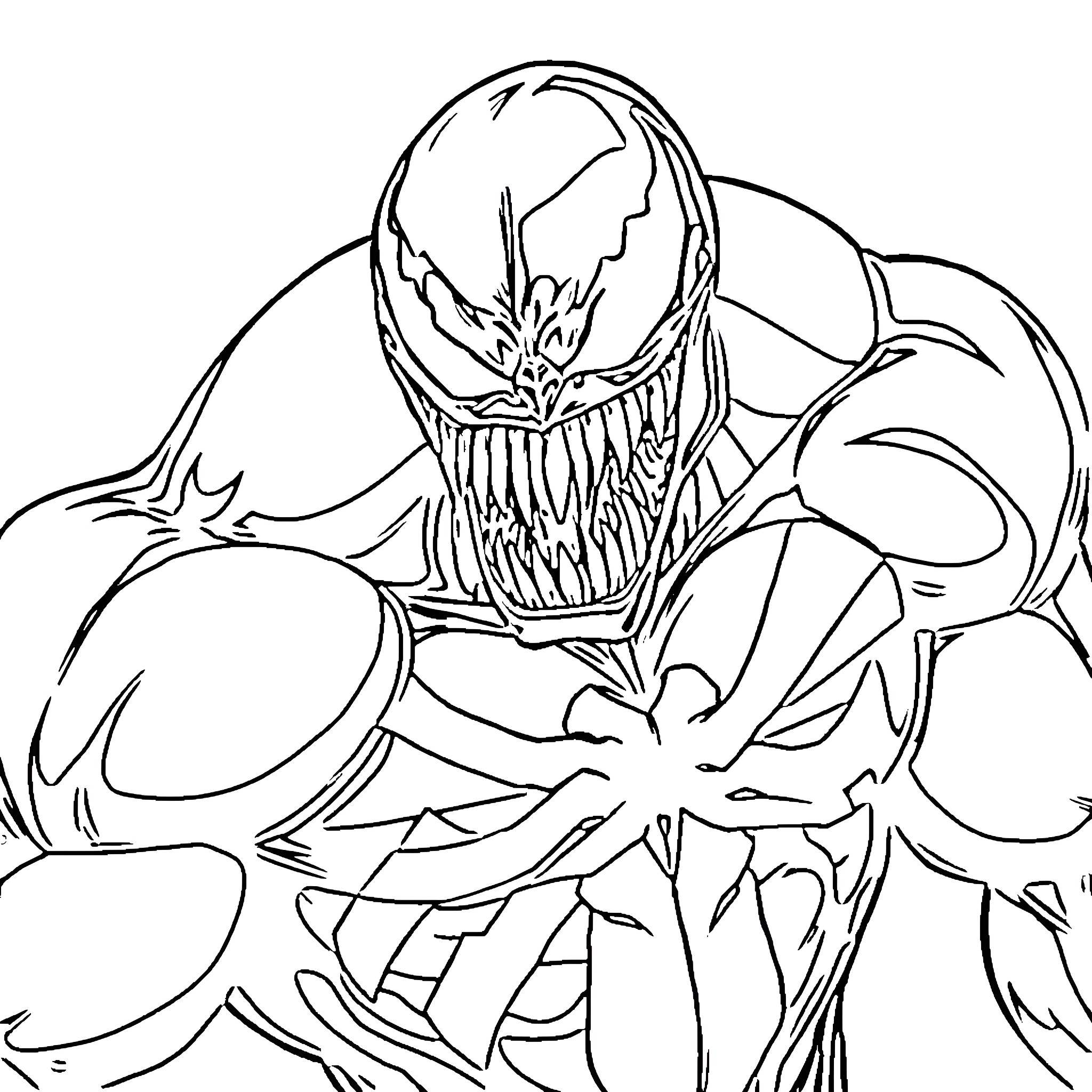Venom character in fierce combat pose Coloring Page (free black-and-white line drawing printable PDF for all, from beginners to advanced learners, including children, teens, adults, and seniors)