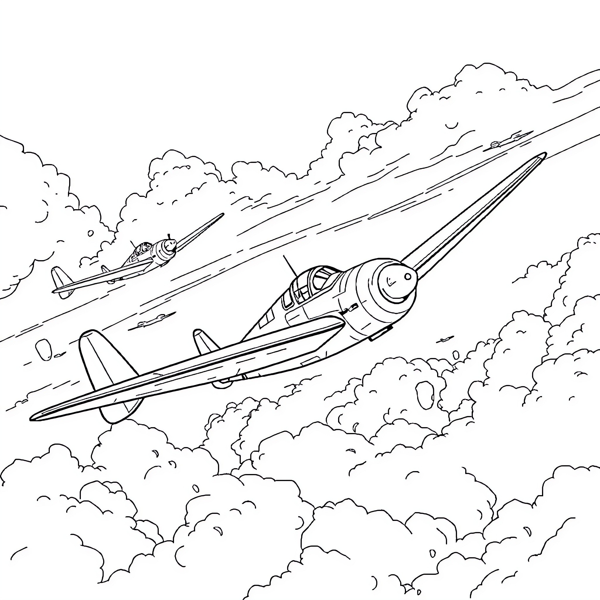 Plane soaring through cloudy skies Coloring Page (free black-and-white line drawing printable PDF for all, from beginners to advanced learners, including children, teens, adults, and seniors)