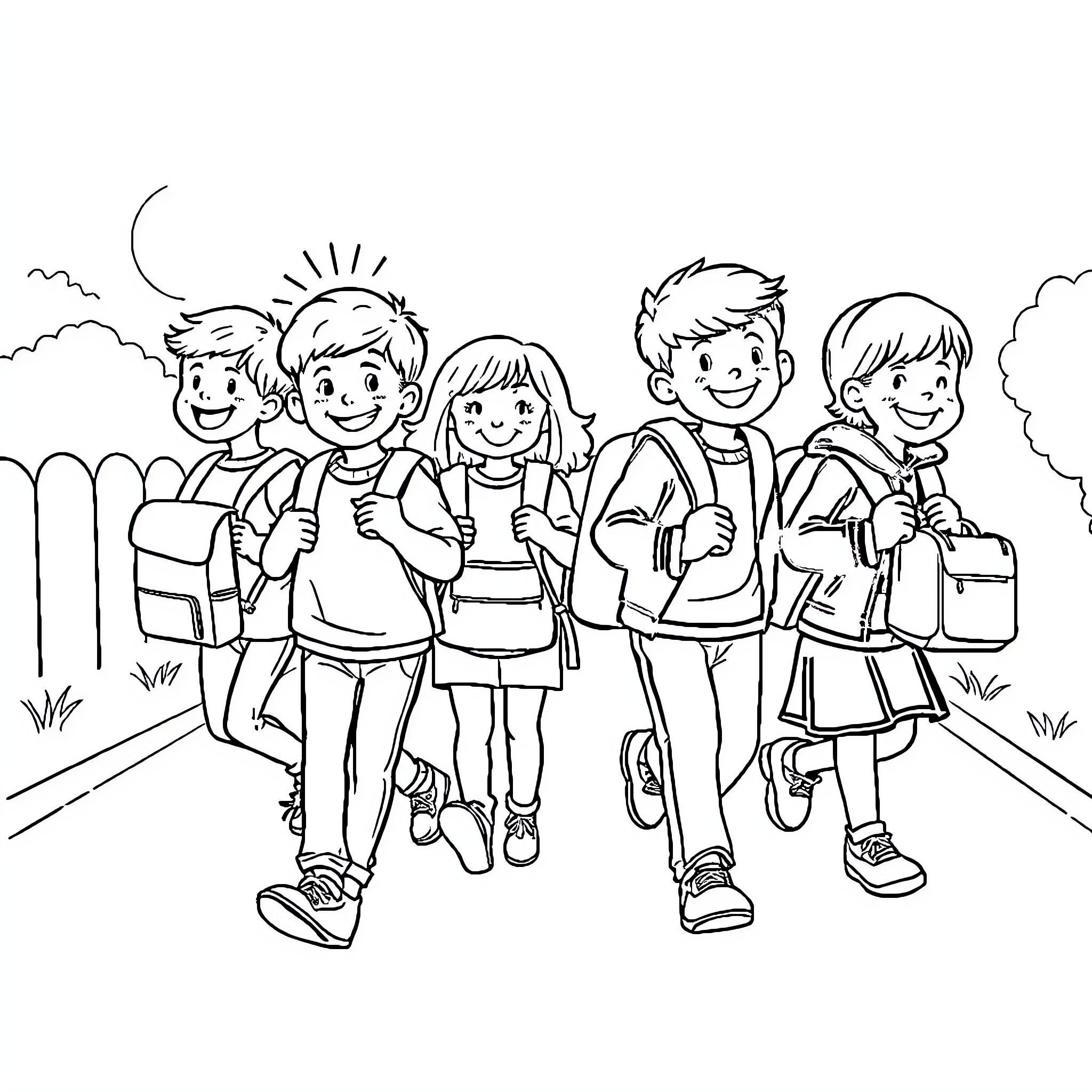 Child friends walking to school together Coloring Page (free black-and-white line drawing printable PDF for all, from beginners to advanced learners, including children, teens, adults, and seniors)