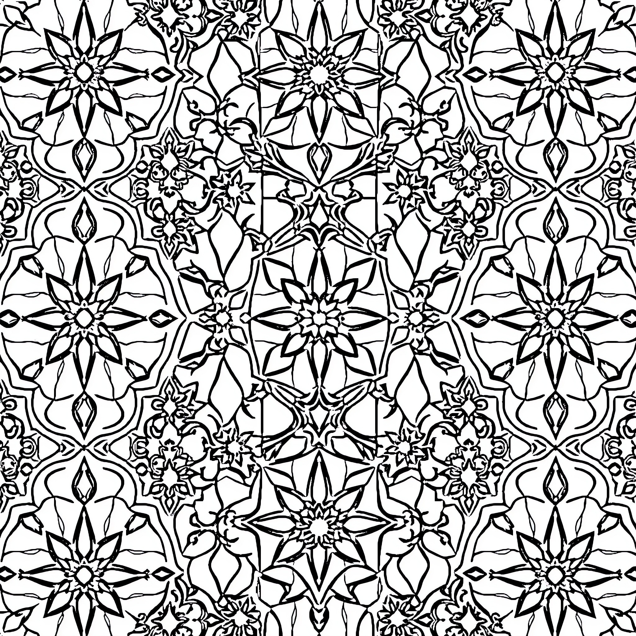 Mosaic of Intricate Floral Patterns Coloring Page (free black-and-white line drawing printable PDF for all, from beginners to advanced learners, including children, teens, adults, and seniors)
