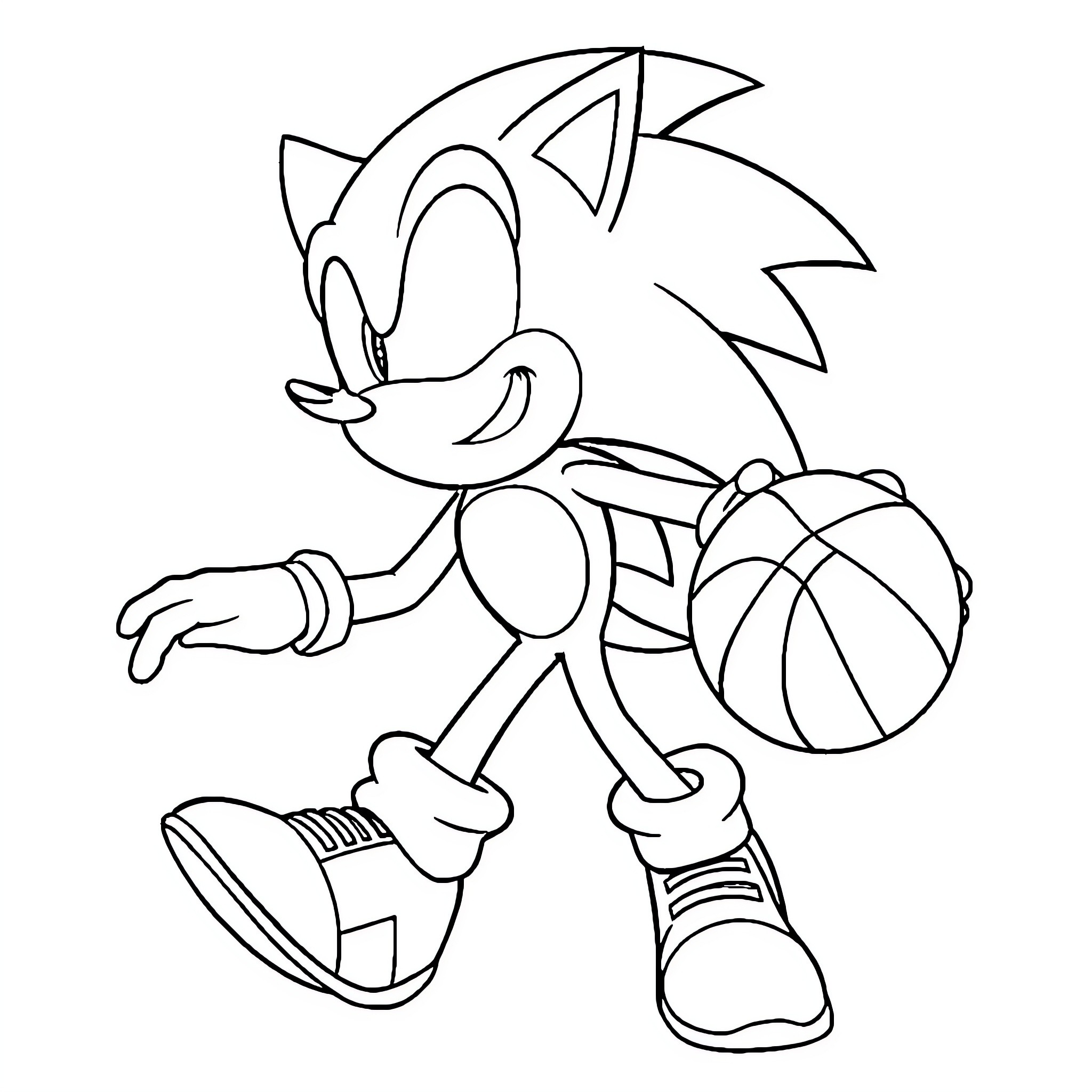 Sonic playing with a basketball Coloring Page (free black-and-white line drawing printable PDF for all, from beginners to advanced learners, including children, teens, adults, and seniors)