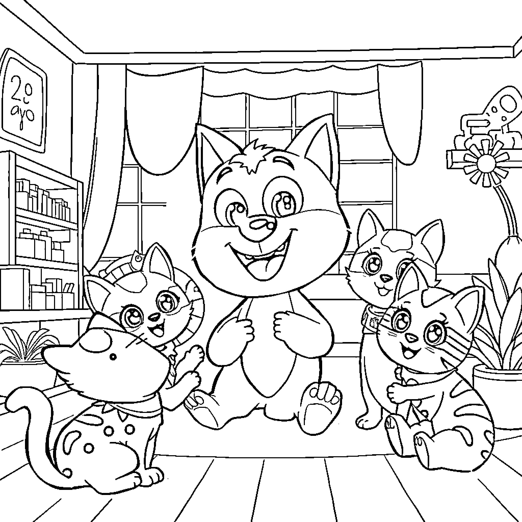Bluey and friends in a playful indoor setting Coloring Page (free black-and-white line drawing printable PDF for all, from beginners to advanced learners, including children, teens, adults, and seniors)