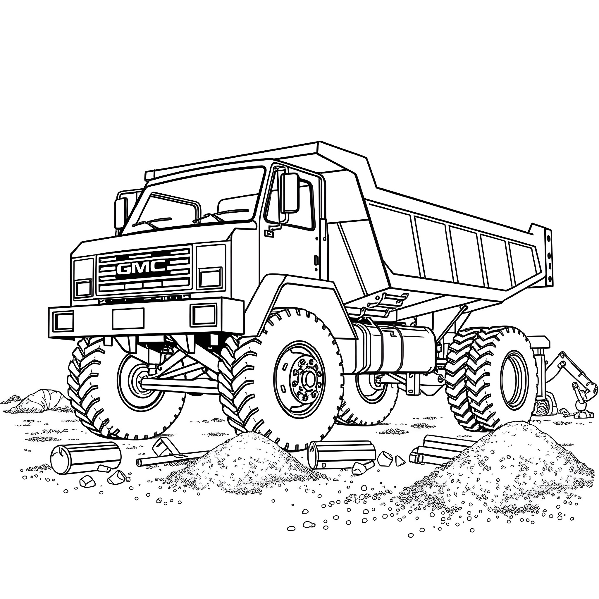 GMC Dump Truck Offloading in Dirt Field Coloring Page (free black-and-white line drawing printable PDF for all, from beginners to advanced learners, including children, teens, adults, and seniors)