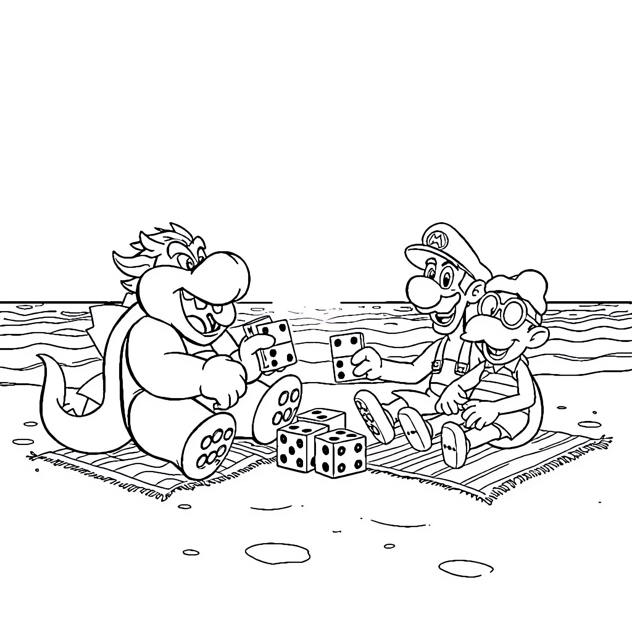 Bowser and Mario playing games together by the water Coloring Page (free black-and-white line drawing printable PDF for all, from beginners to advanced learners, including children, teens, adults, and seniors)