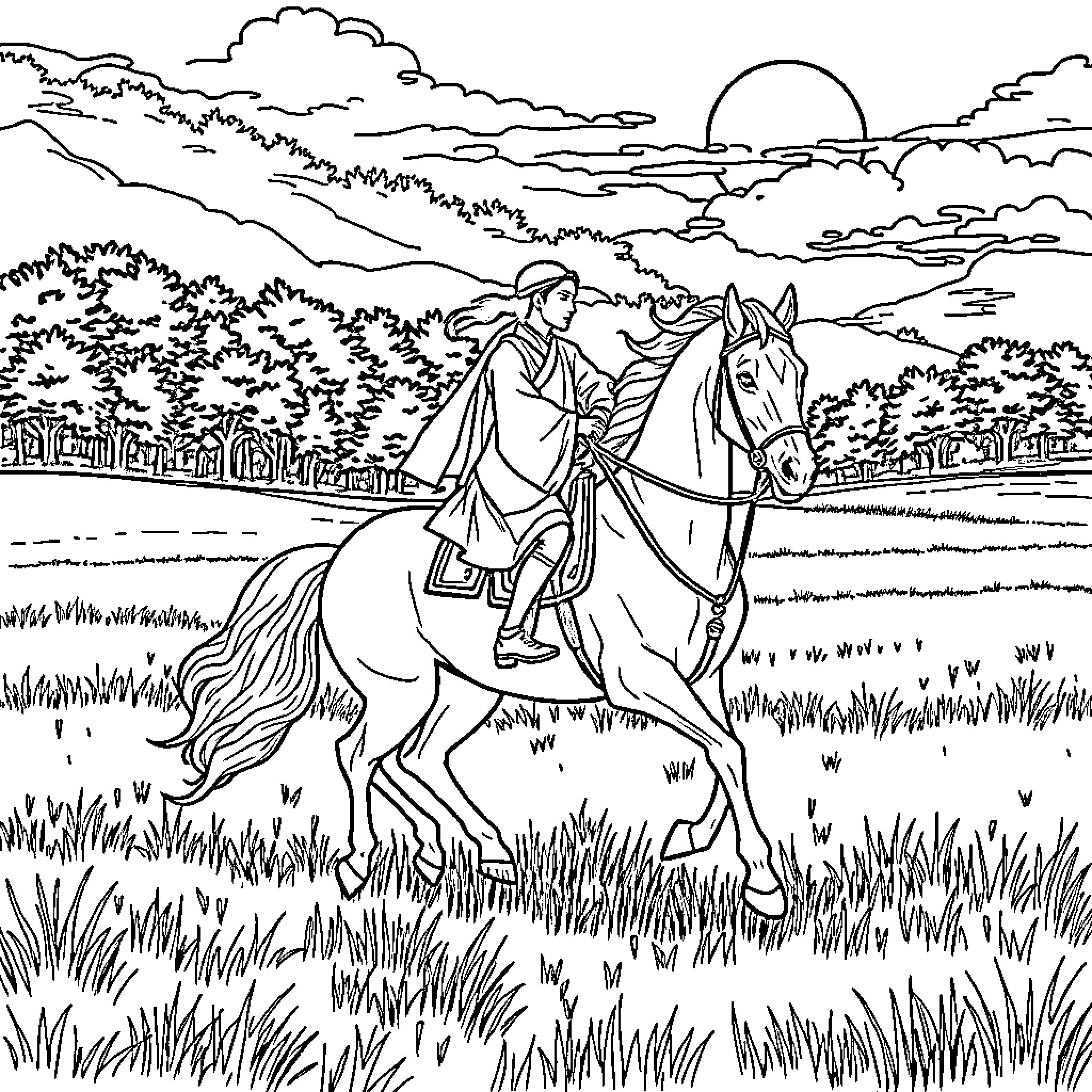 Zenitsu riding a horse in a grassy landscape Coloring Page (free black-and-white line drawing printable PDF for all, from beginners to advanced learners, including children, teens, adults, and seniors)