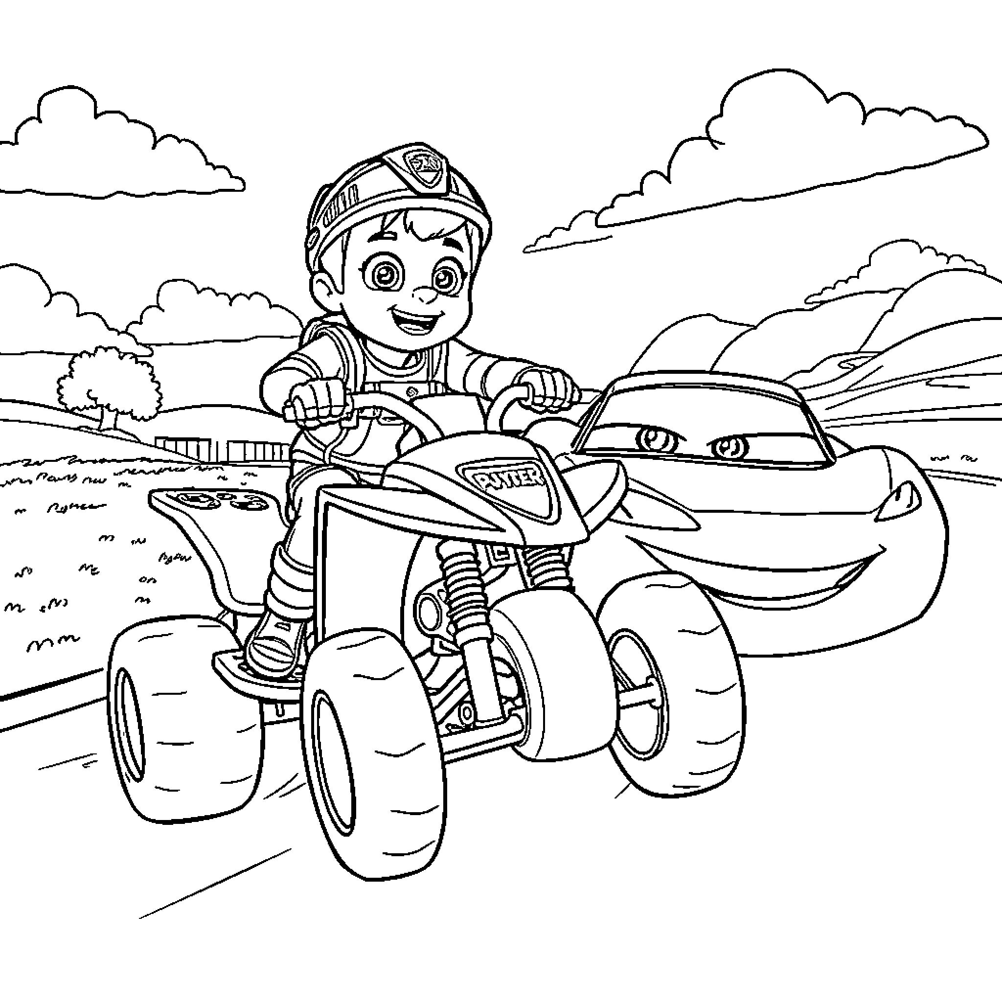 Ryder riding an ATV with a monster truck Coloring Page (free black-and-white line drawing printable PDF for all, from beginners to advanced learners, including children, teens, adults, and seniors)