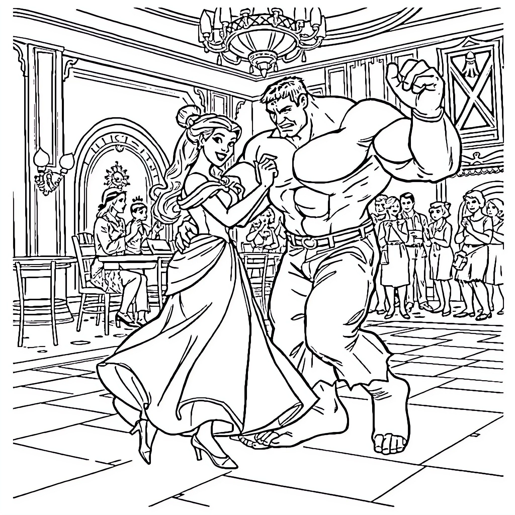 Belle and the Beast dancing at the ball Coloring Page (free black-and-white line drawing printable PDF for all, from beginners to advanced learners, including children, teens, adults, and seniors)