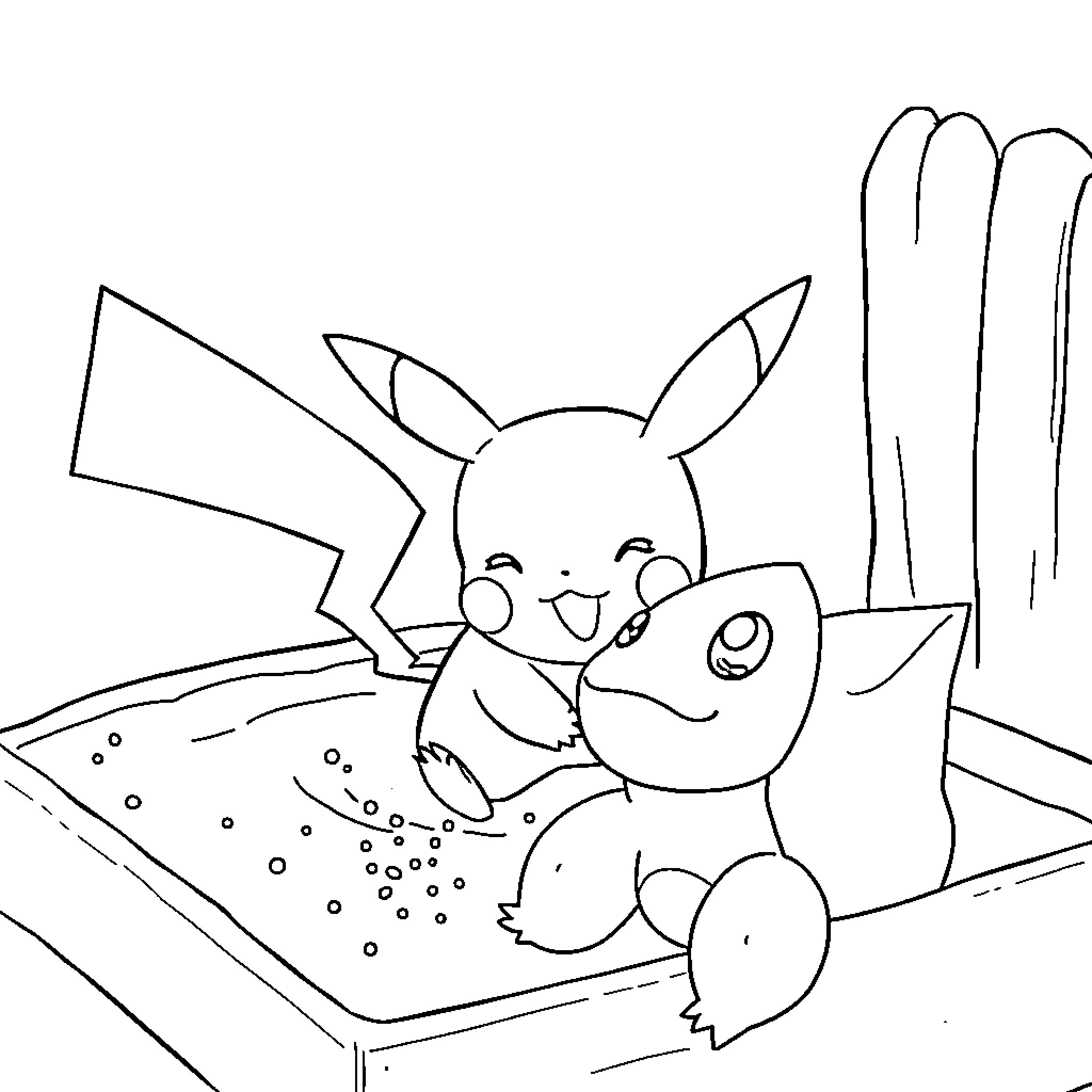 Pikachu and Charmander playing together Coloring Page (free black-and-white line drawing printable PDF for all, from beginners to advanced learners, including children, teens, adults, and seniors)