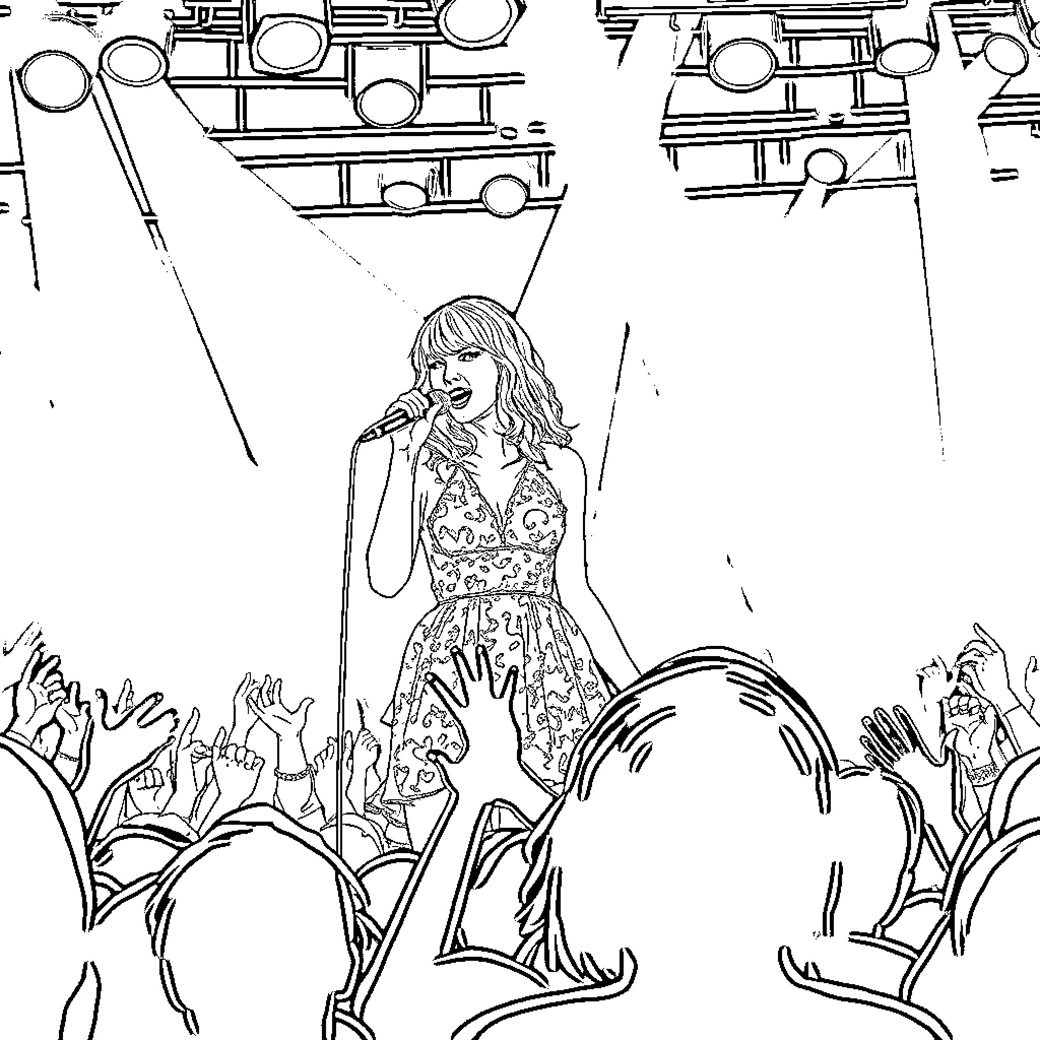 Taylor Swift performing on stage with fans Coloring Page (free black-and-white line drawing printable PDF for all, from beginners to advanced learners, including children, teens, adults, and seniors)