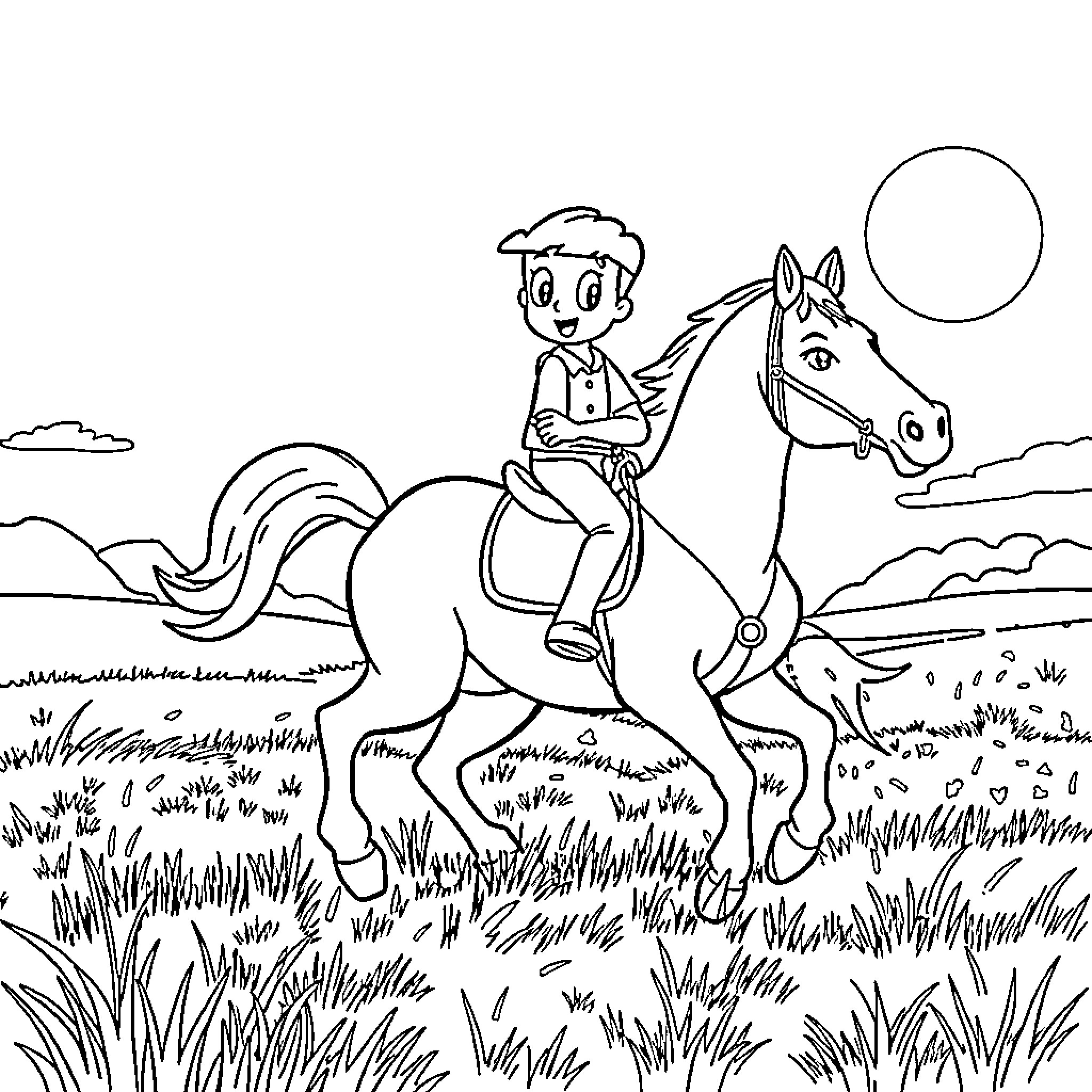 Horse and rider enjoying a scenic outdoor ride Coloring Page (free black-and-white line drawing printable PDF for all, from beginners to advanced learners, including children, teens, adults, and seniors)