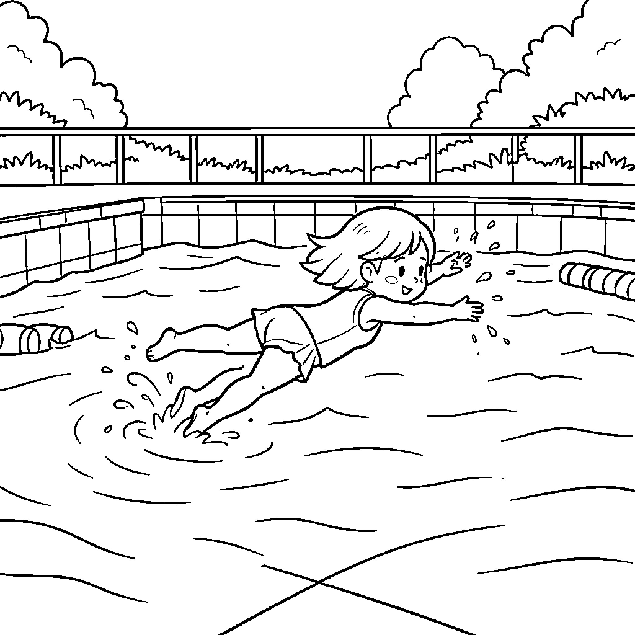 Fille swimming joyfully in a large pool Coloring Page (free black-and-white line drawing printable PDF for all, from beginners to advanced learners, including children, teens, adults, and seniors)