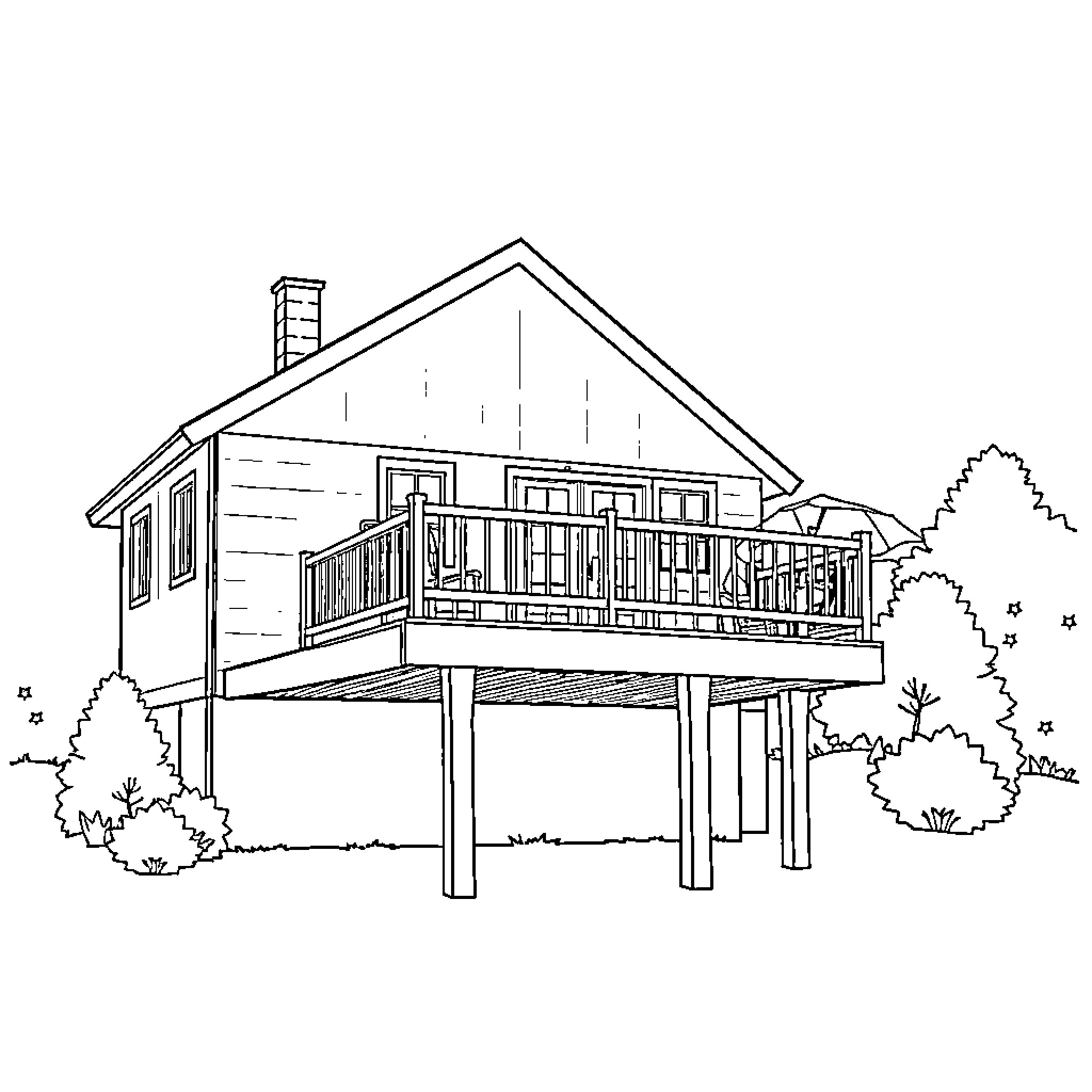 Deck with Elevated Wooden House and Surrounding Nature Coloring Page (free black-and-white line drawing printable PDF for all, from beginners to advanced learners, including children, teens, adults, and seniors)