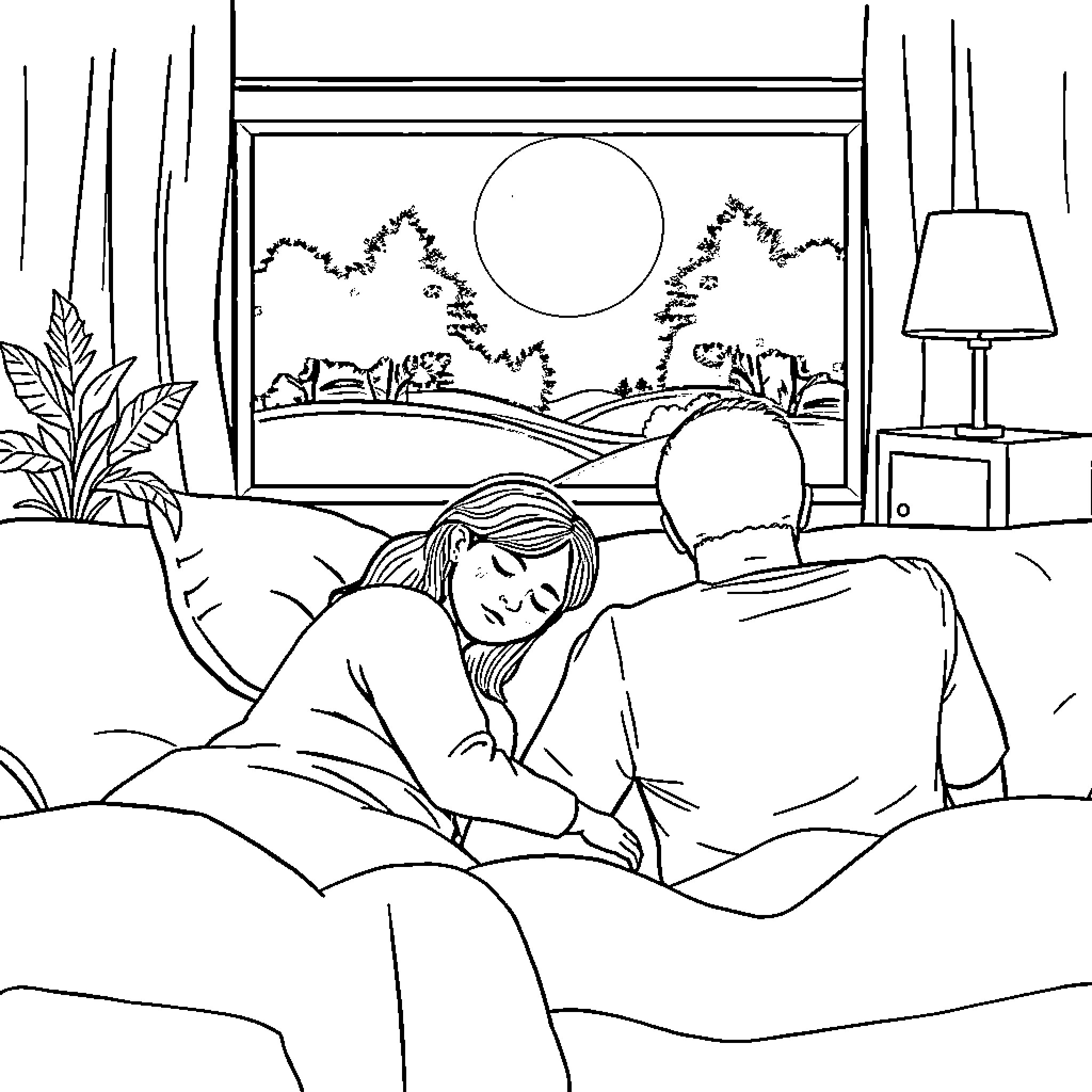 Wife enjoying a peaceful evening at home Coloring Page (free black-and-white line drawing printable PDF for all, from beginners to advanced learners, including children, teens, adults, and seniors)