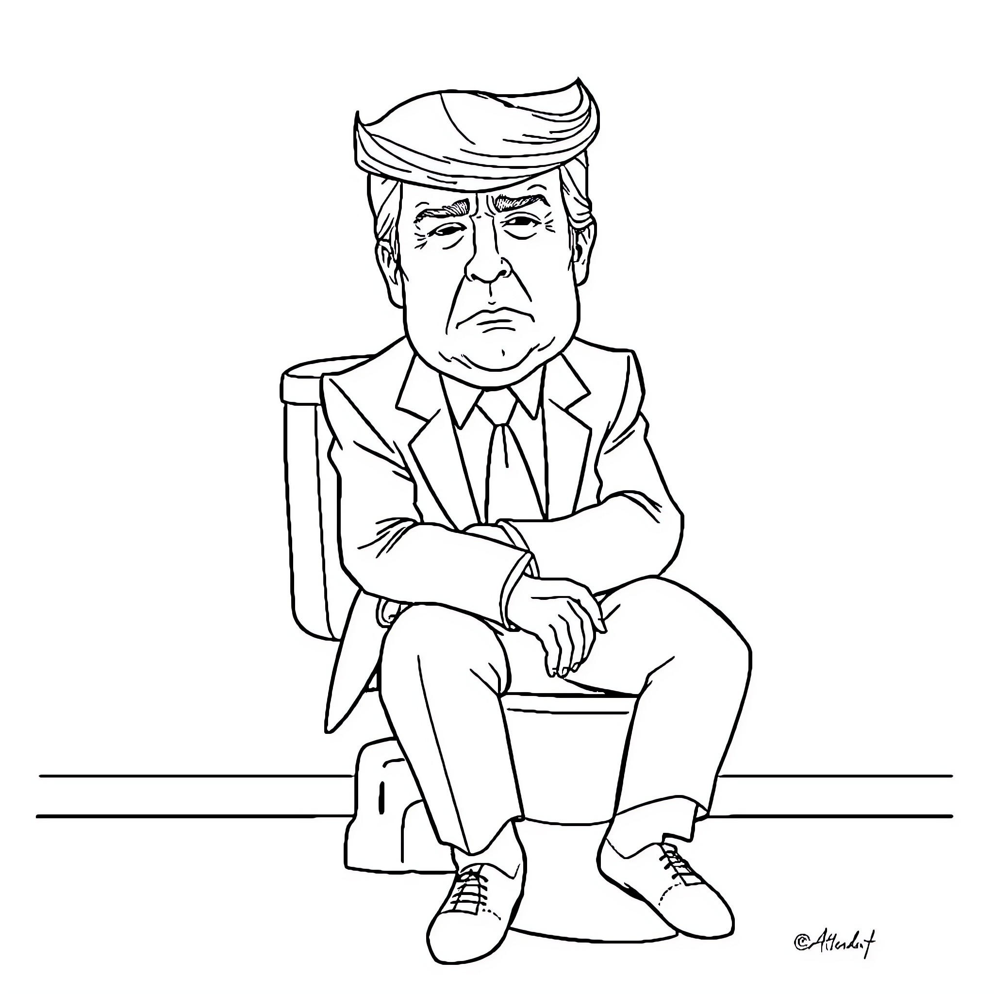 Donald Trump sitting with a stern expression Coloring Page (free black-and-white line drawing printable PDF for all, from beginners to advanced learners, including children, teens, adults, and seniors)