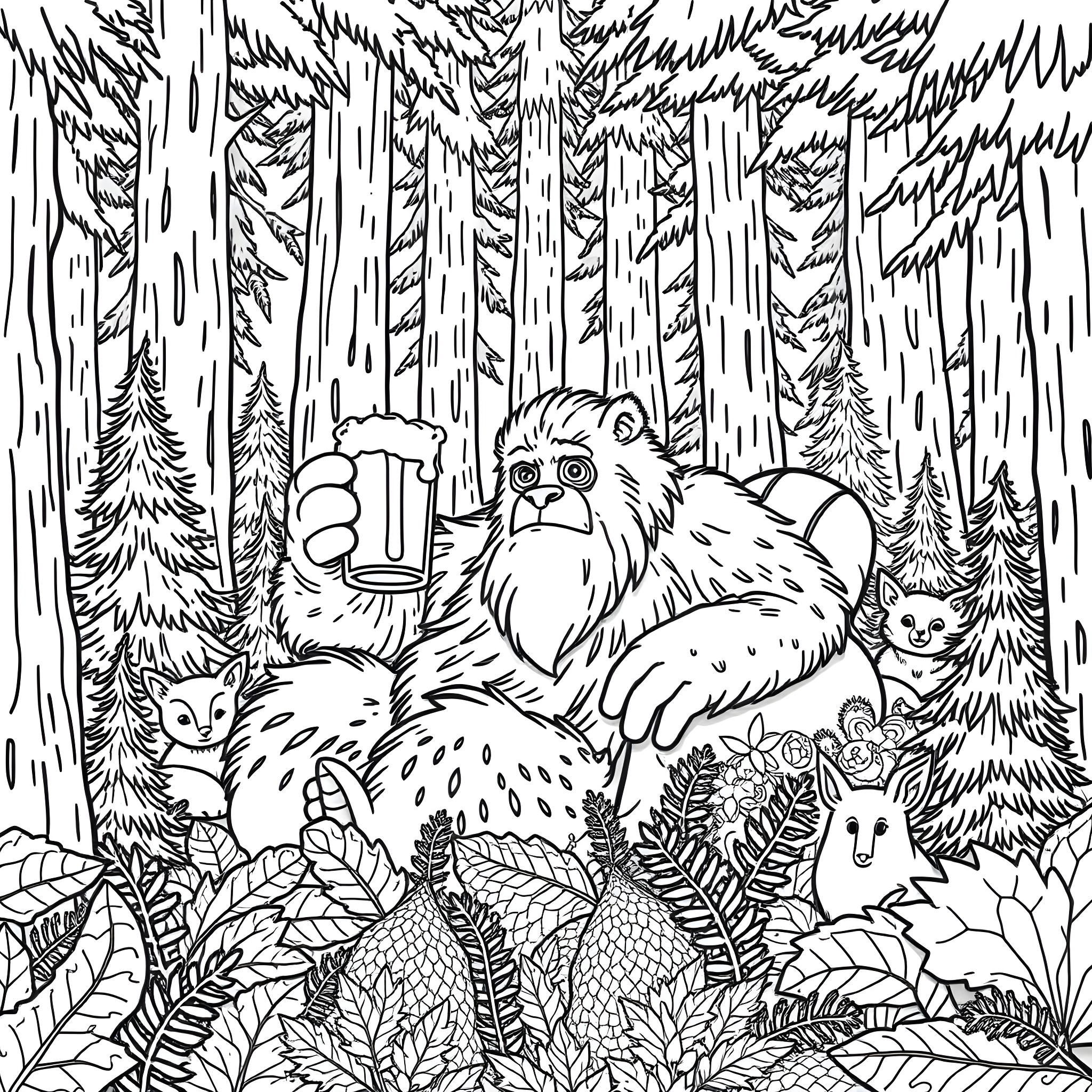 Yeti Enjoying Drink with Forest Animal Friends Coloring Page (free black-and-white line drawing printable PDF for all, from beginners to advanced learners, including children, teens, adults, and seniors)