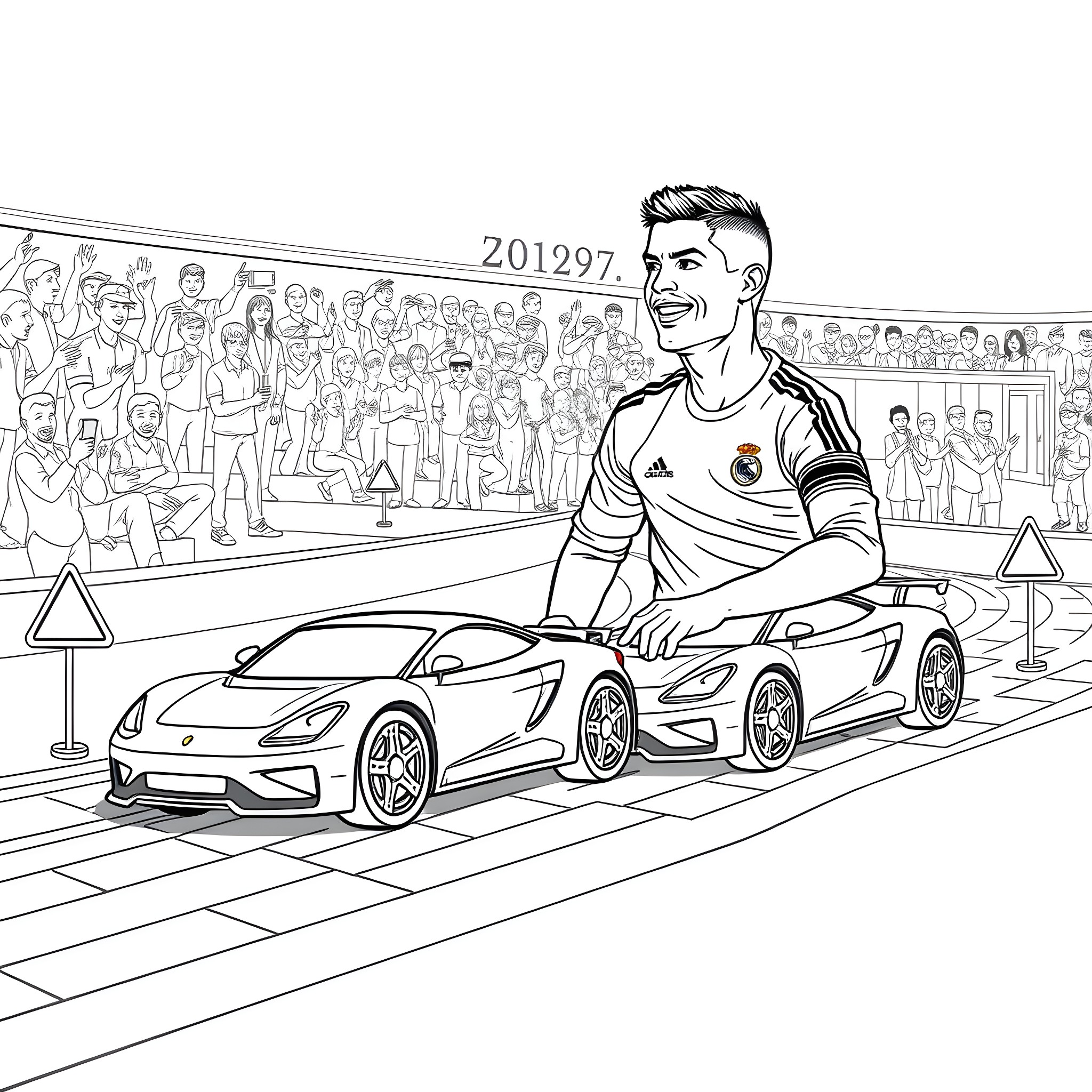 Toy Car Driven by Soccer Player in Stadium Coloring Page (free black-and-white line drawing printable PDF for all, from beginners to advanced learners, including children, teens, adults, and seniors)