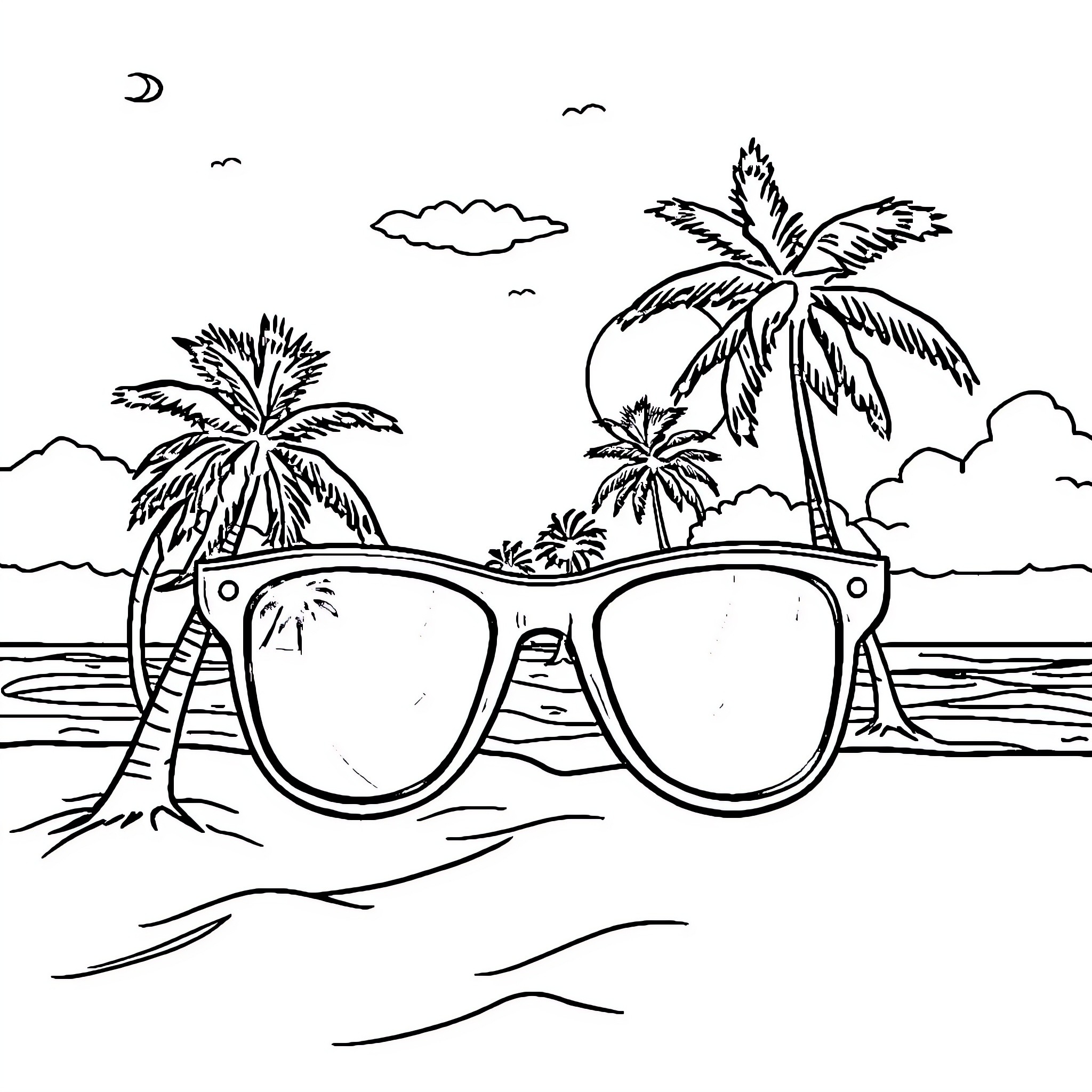 Sunglasses on the Beach with Palm Trees Coloring Page (free black-and-white line drawing printable PDF for all, from beginners to advanced learners, including children, teens, adults, and seniors)