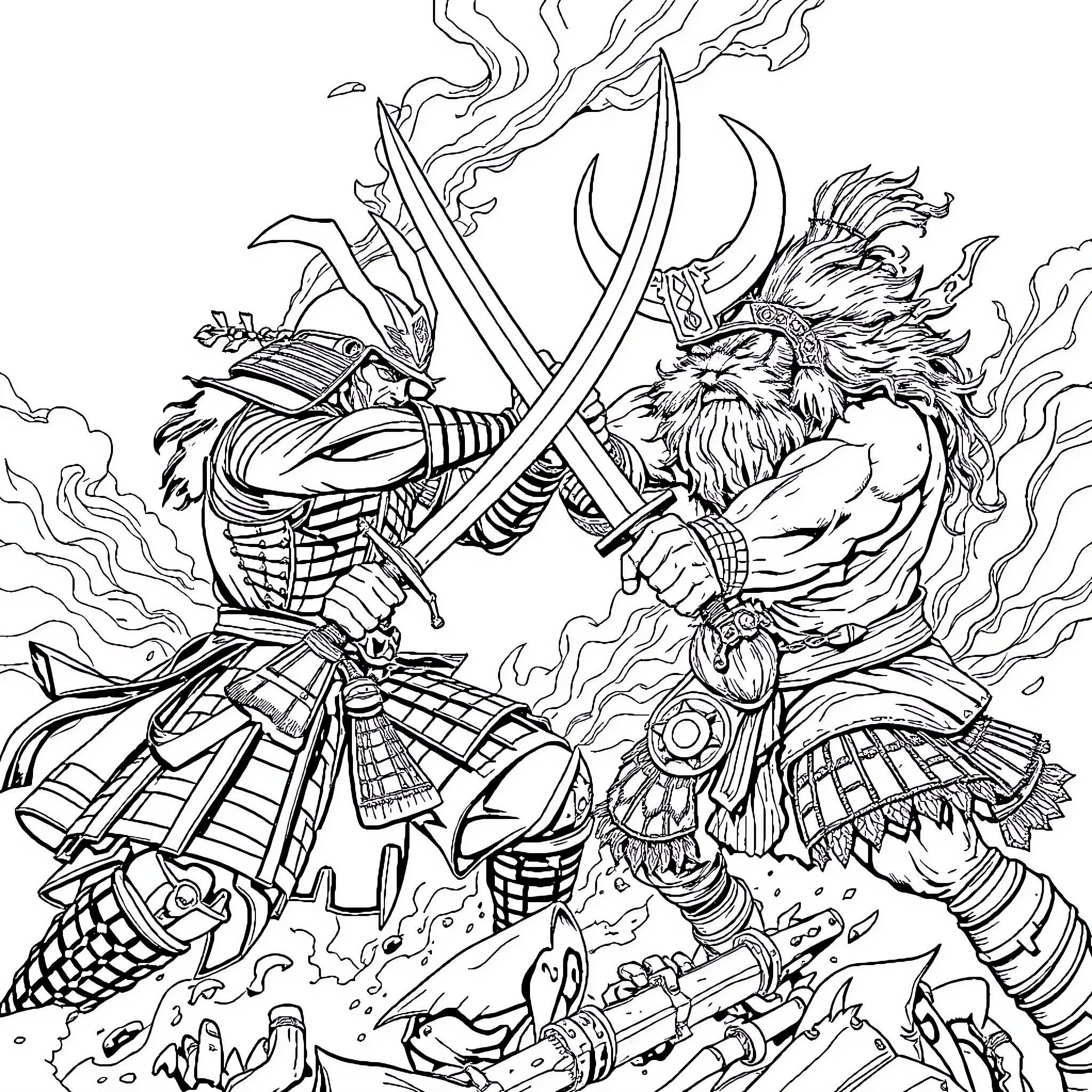Samurai warriors engaged in fierce combat Coloring Page (free black-and-white line drawing printable PDF for all, from beginners to advanced learners, including children, teens, adults, and seniors)