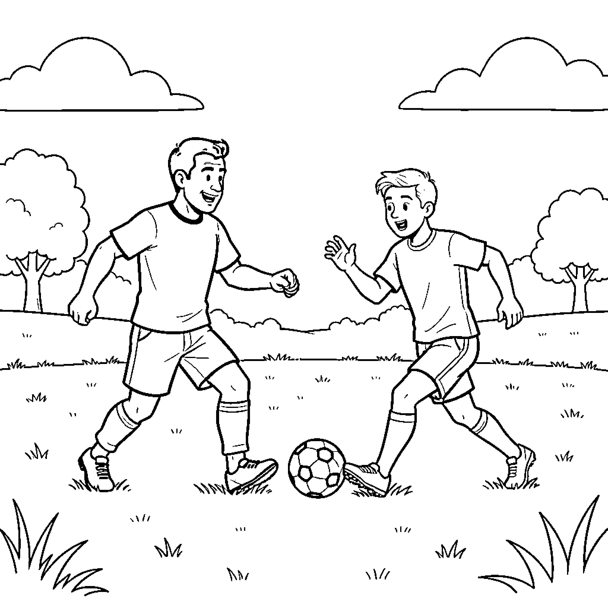 Barman watching two boys playing soccer in a field Coloring Page (free black-and-white line drawing printable PDF for all, from beginners to advanced learners, including children, teens, adults, and seniors)