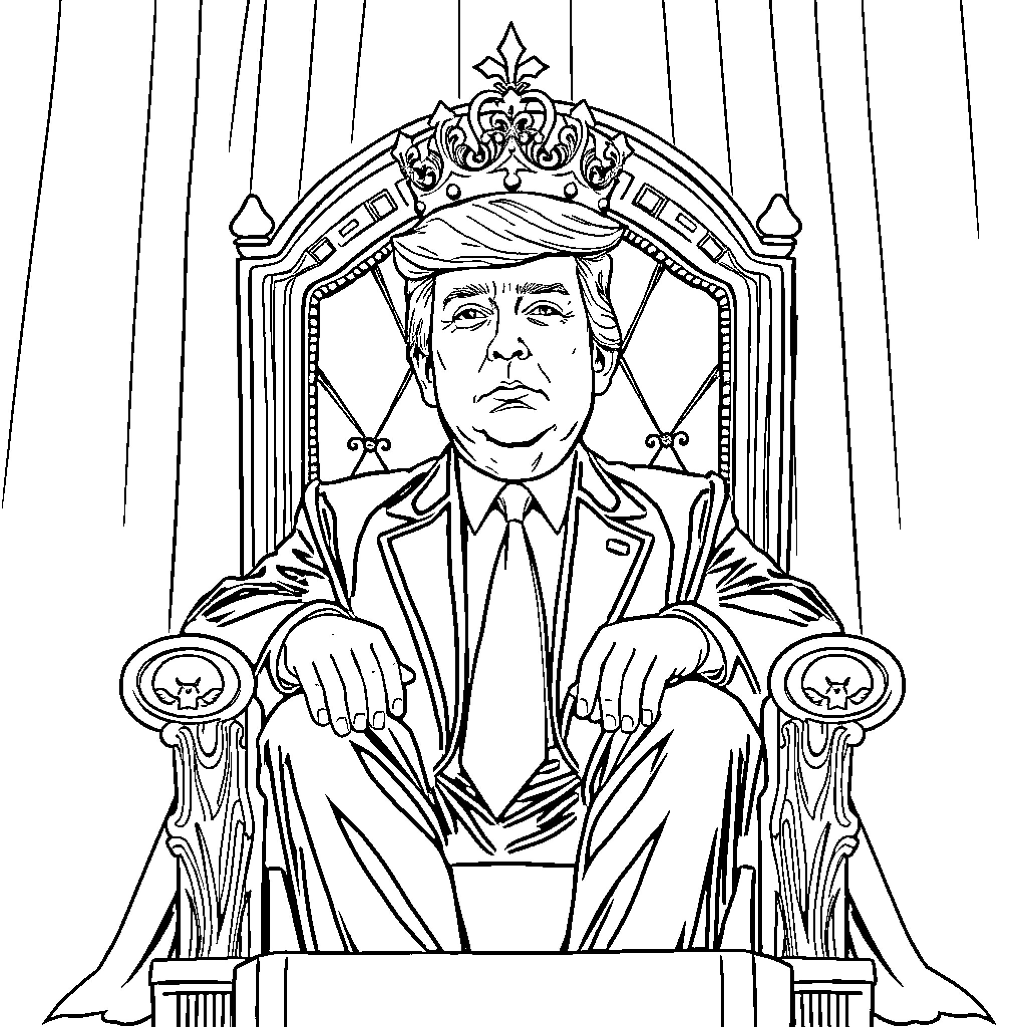 Trump seated on an ornate throne in regal attire Coloring Page (free black-and-white line drawing printable PDF for all, from beginners to advanced learners, including children, teens, adults, and seniors)