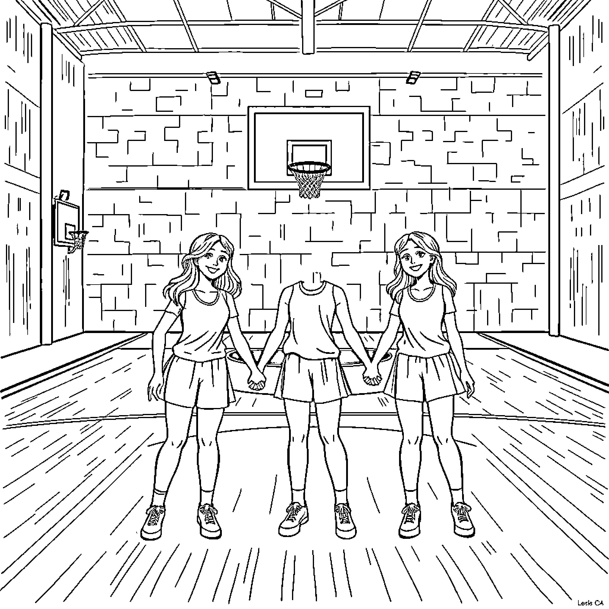 Girls playing basketball on court Coloring Page (free black-and-white line drawing printable PDF for all, from beginners to advanced learners, including children, teens, adults, and seniors)
