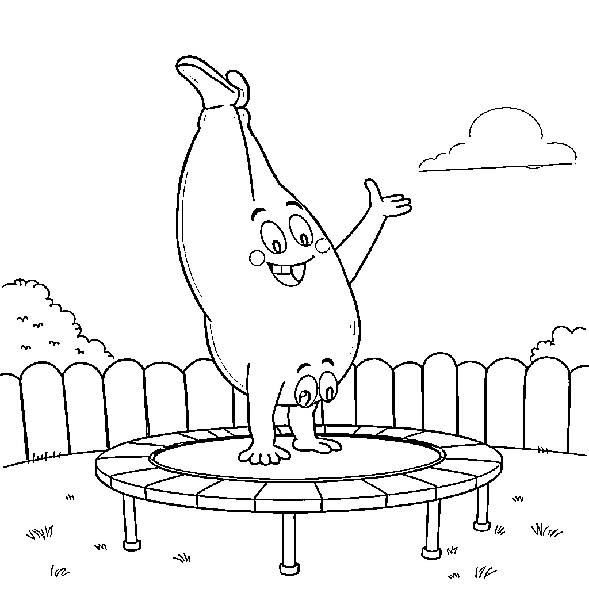 Mr Blobby jumps happily on a trampoline Coloring Page (free black-and-white line drawing printable PDF for all, from beginners to advanced learners, including children, teens, adults, and seniors)