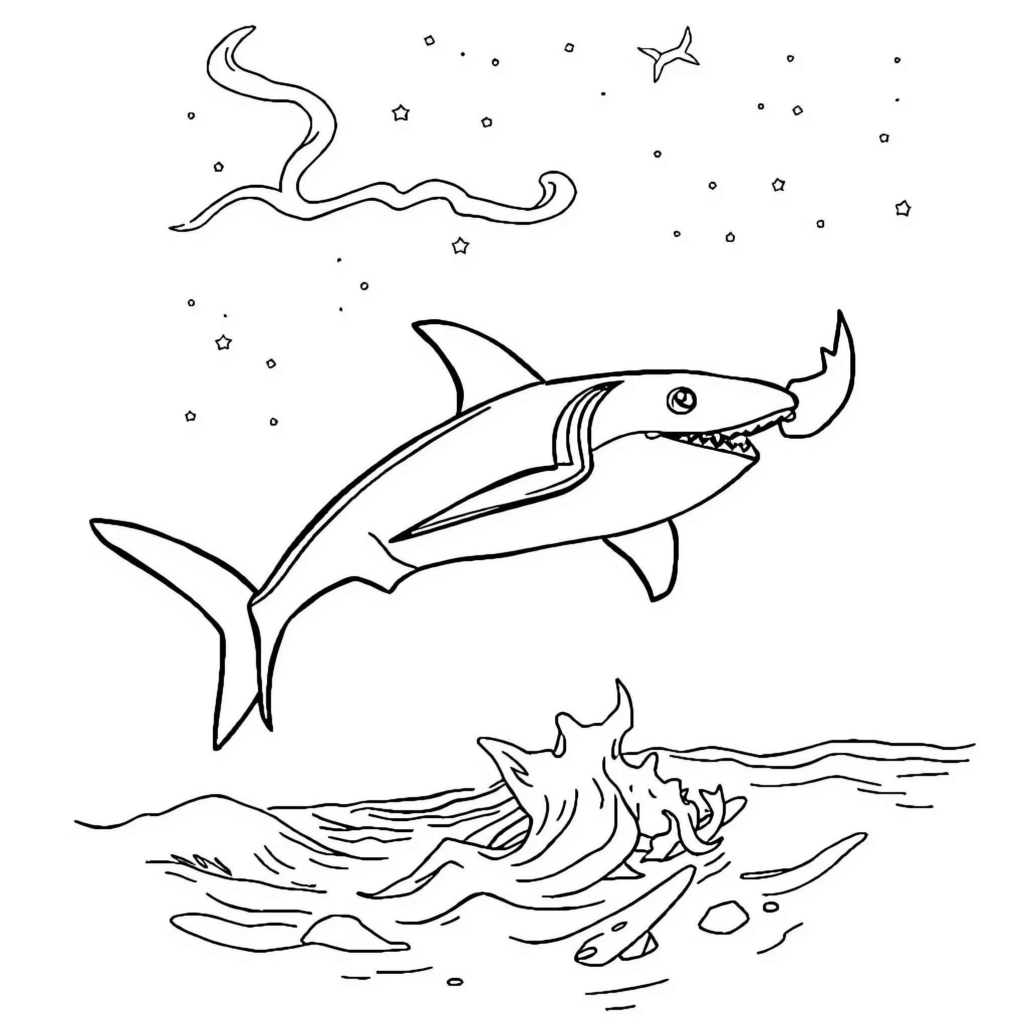Shark hunting in the deep sea Coloring Page (free black-and-white line drawing printable PDF for all, from beginners to advanced learners, including children, teens, adults, and seniors)