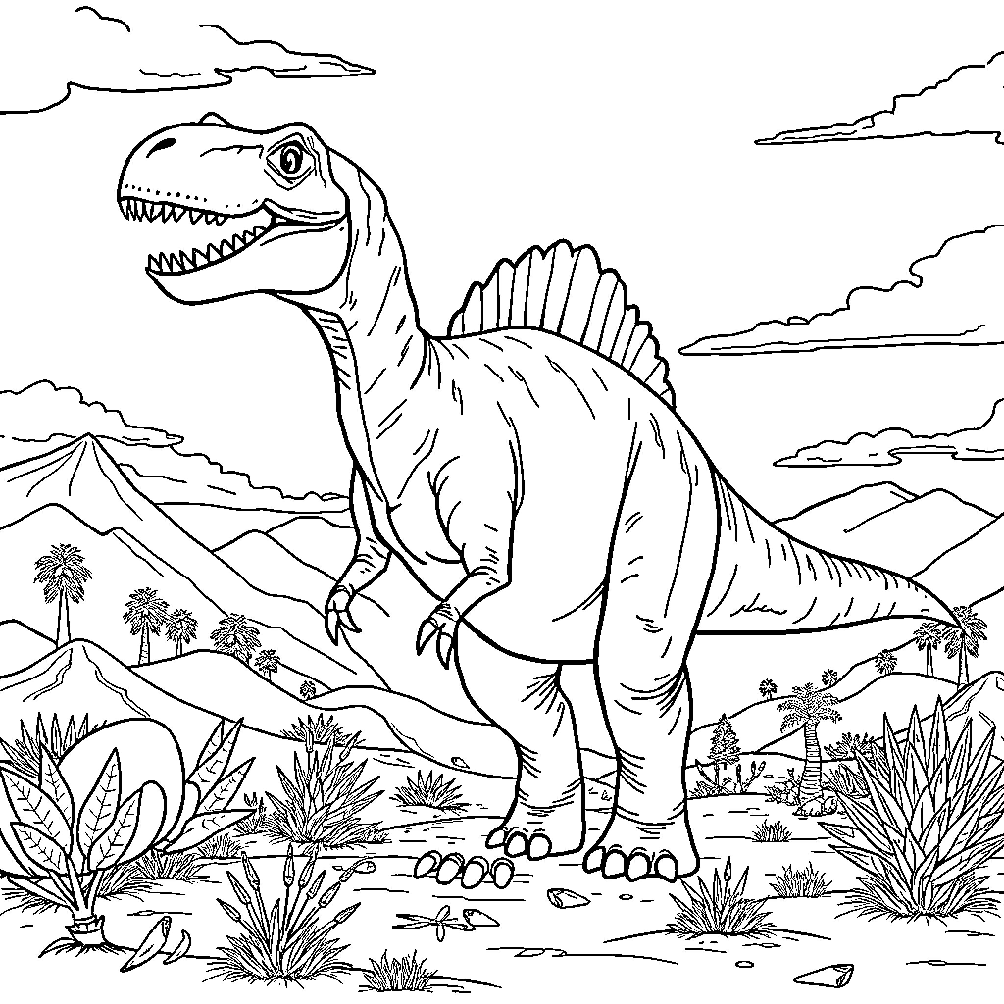 Giganotosaurus exploring prehistoric landscape Coloring Page (free black-and-white line drawing printable PDF for all, from beginners to advanced learners, including children, teens, adults, and seniors)