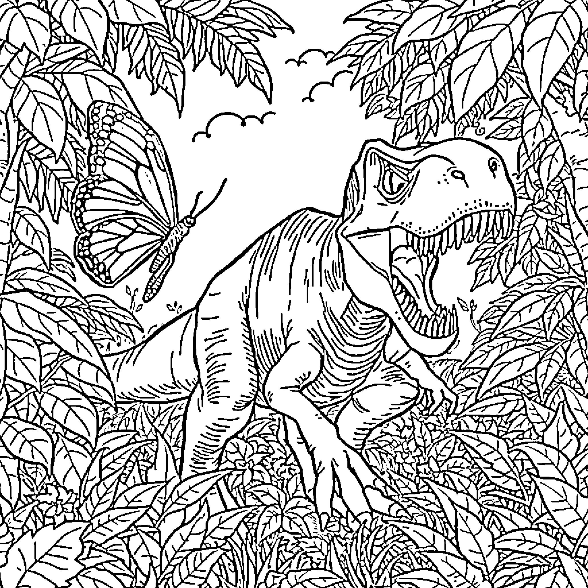 Butterfly and Dinosaur in Lush Jungle Coloring Page (free black-and-white line drawing printable PDF for all, from beginners to advanced learners, including children, teens, adults, and seniors)