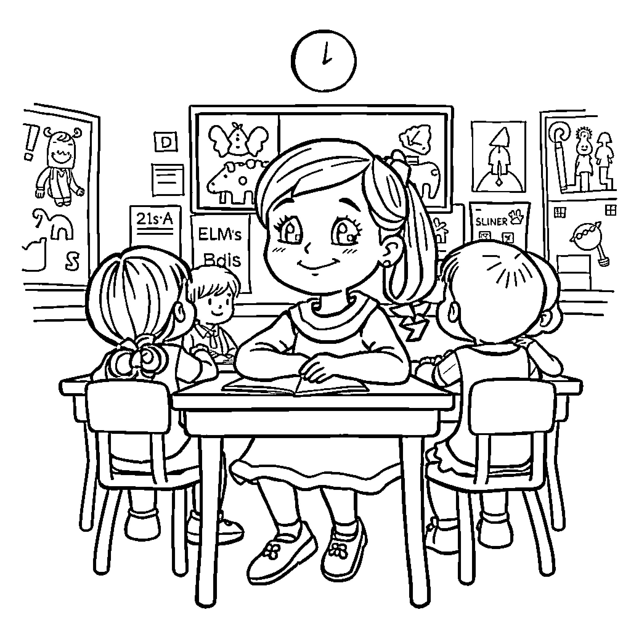 ELA Students Working Diligently in Classroom Coloring Page (free black-and-white line drawing printable PDF for all, from beginners to advanced learners, including children, teens, adults, and seniors)