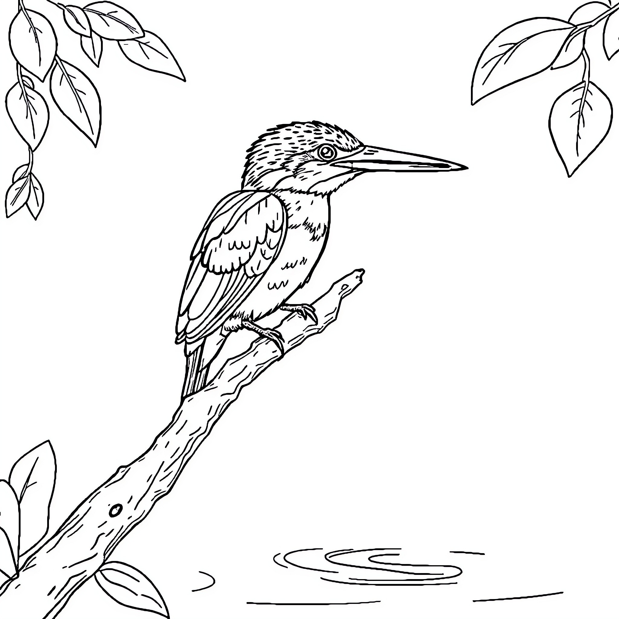 Kingfisher perched on a branch Coloring Page (free black-and-white line drawing printable PDF for all, from beginners to advanced learners, including children, teens, adults, and seniors)