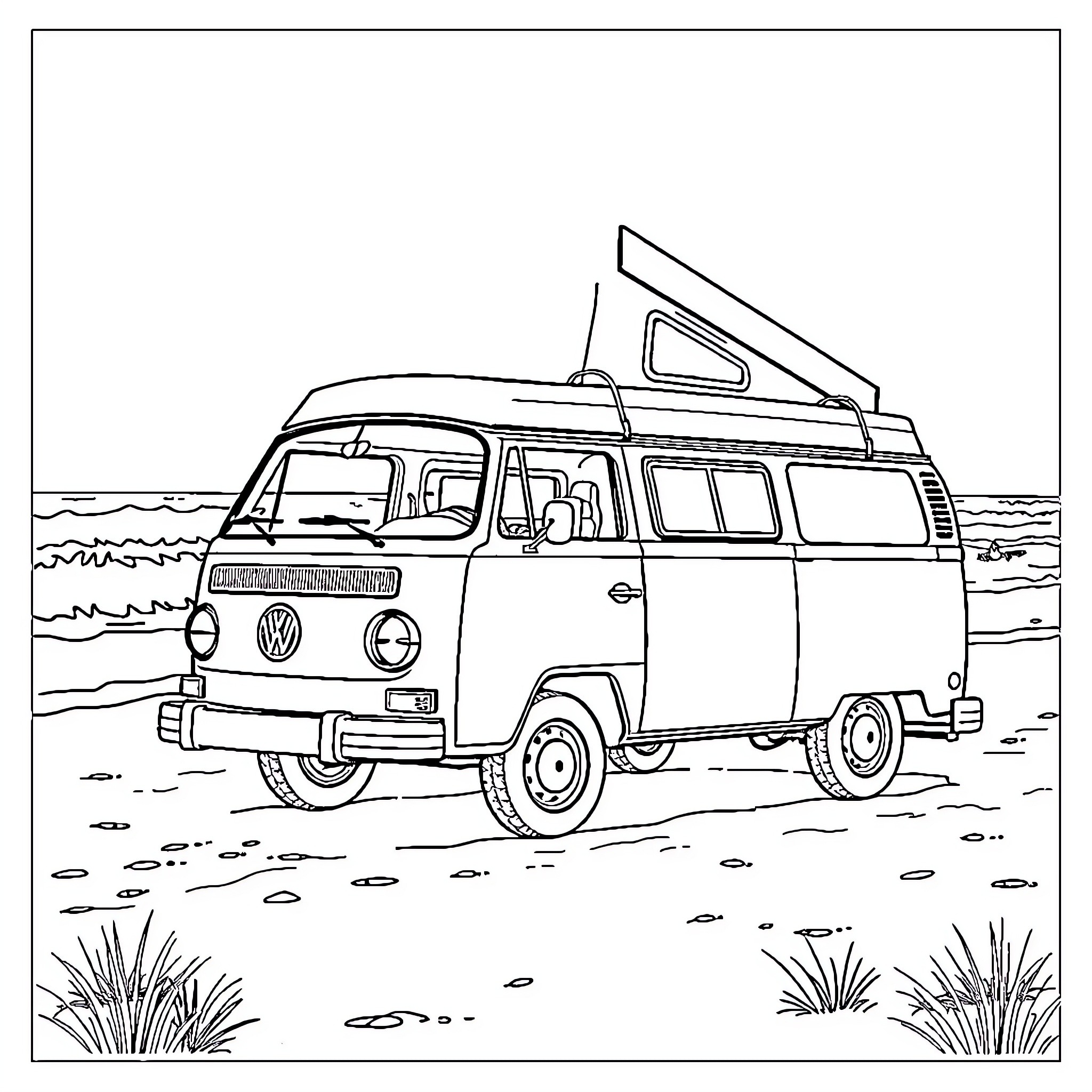 Westfalia van on the beach with camping gear Coloring Page (free black-and-white line drawing printable PDF for all, from beginners to advanced learners, including children, teens, adults, and seniors)