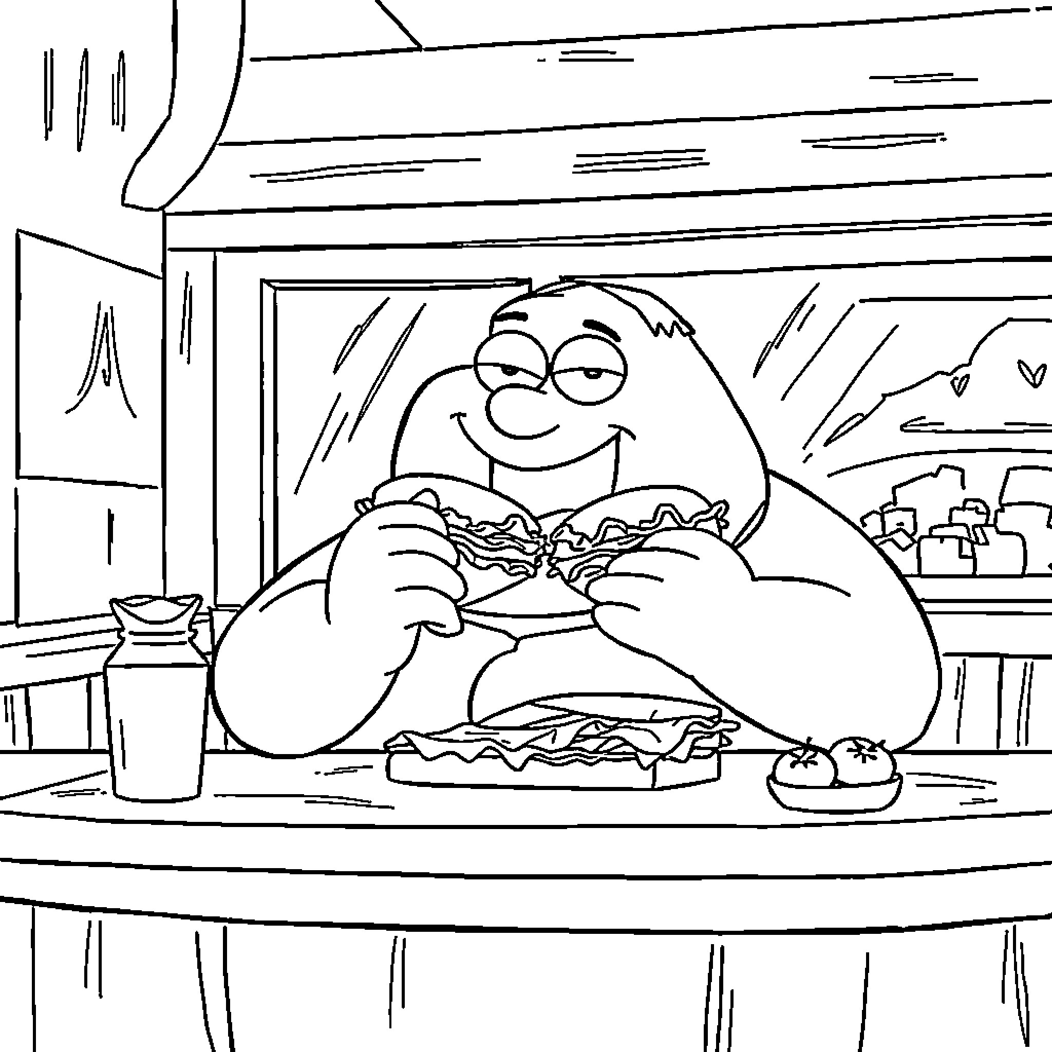 Peter Griffin Enjoying a Hearty Meal Coloring Page (free black-and-white line drawing printable PDF for all, from beginners to advanced learners, including children, teens, adults, and seniors)
