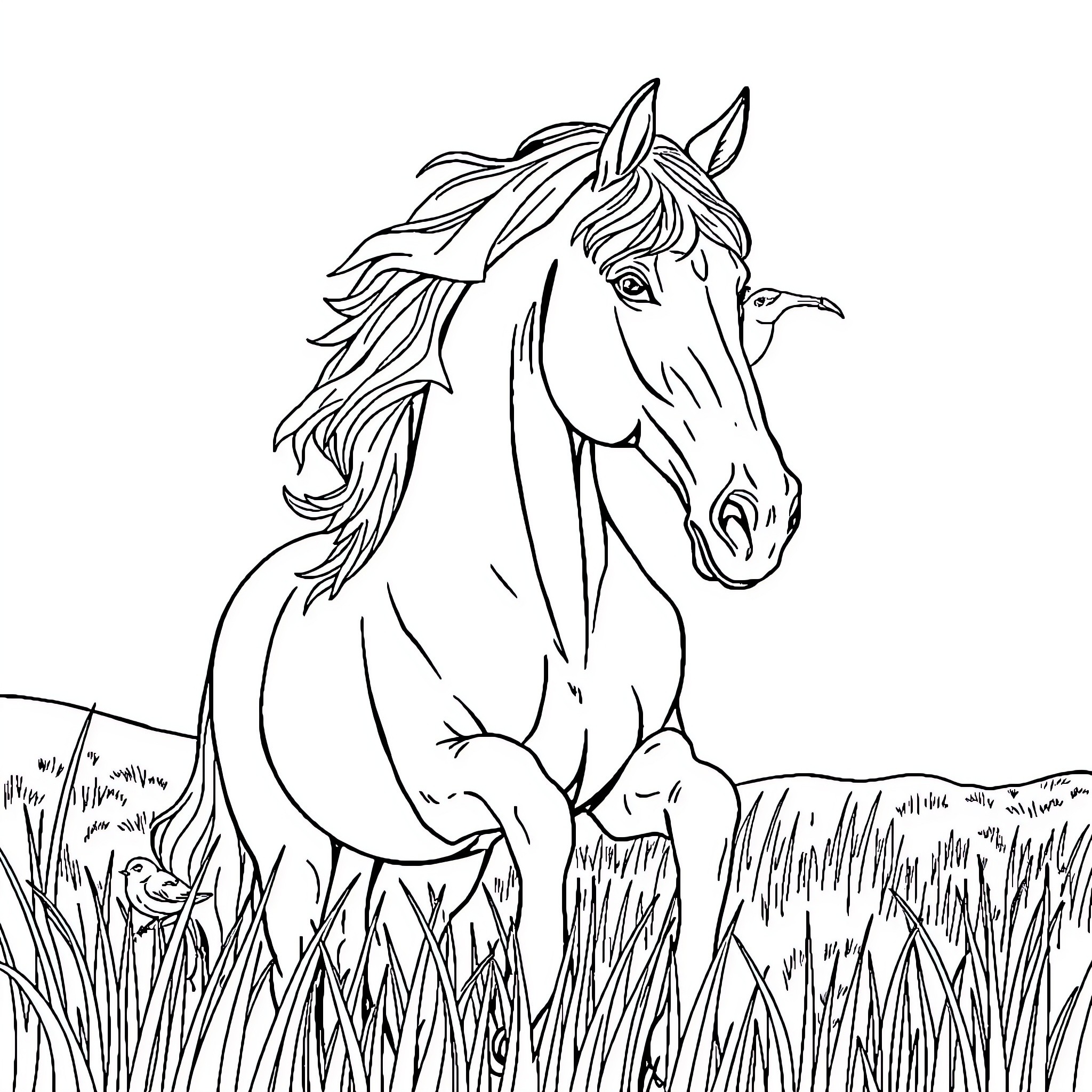 Horse standing in tall grass with bird Coloring Page (free black-and-white line drawing printable PDF for all, from beginners to advanced learners, including children, teens, adults, and seniors)