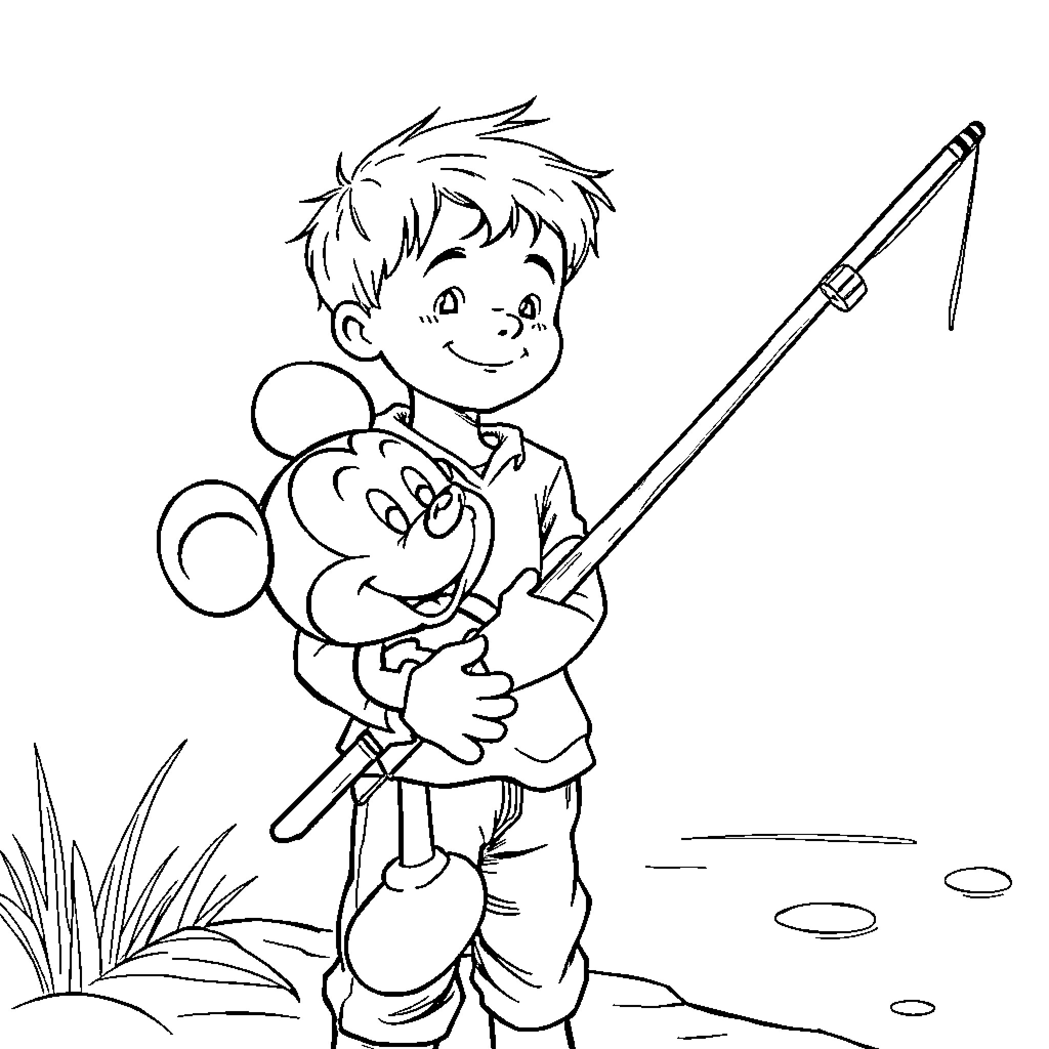 Boy fishing with his animal friend Coloring Page (free black-and-white line drawing printable PDF for all, from beginners to advanced learners, including children, teens, adults, and seniors)