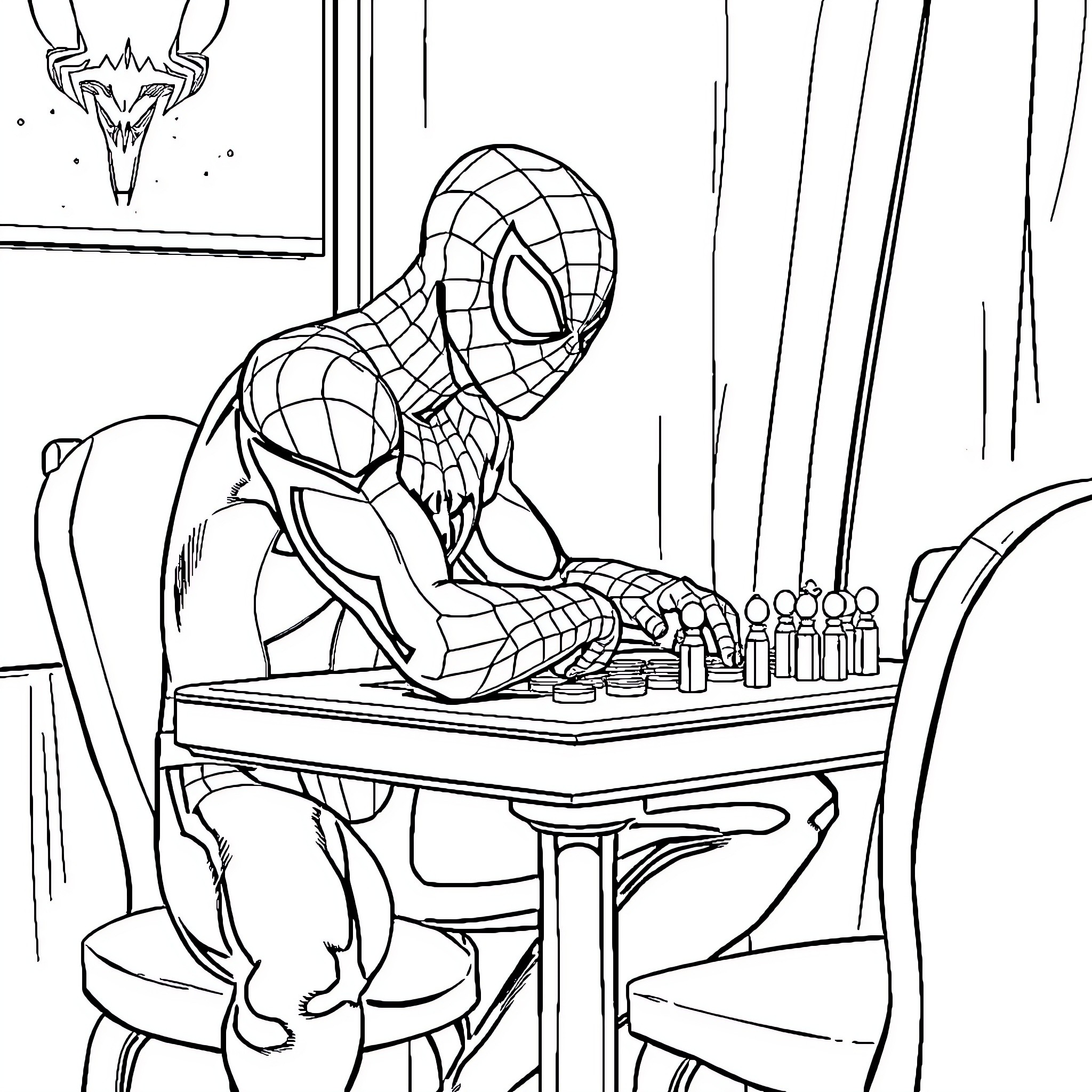 Spiderman working on a computer in his secret hideout Coloring Page (free black-and-white line drawing printable PDF for all, from beginners to advanced learners, including children, teens, adults, and seniors)