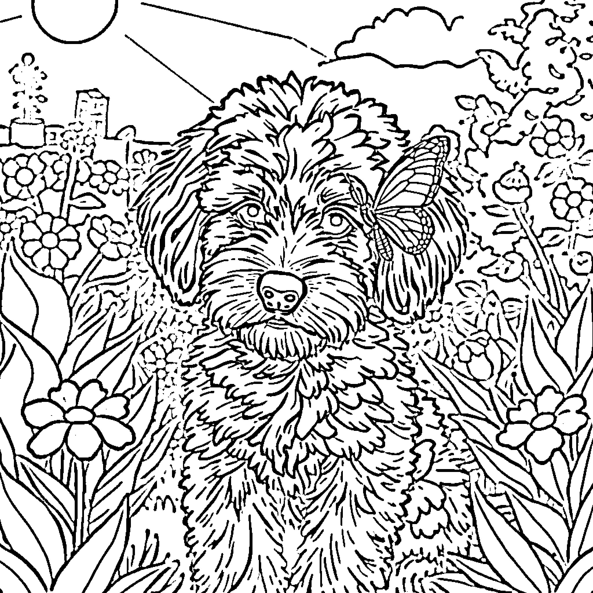 Labradoodle exploring a vibrant garden scene Coloring Page (free black-and-white line drawing printable PDF for all, from beginners to advanced learners, including children, teens, adults, and seniors)