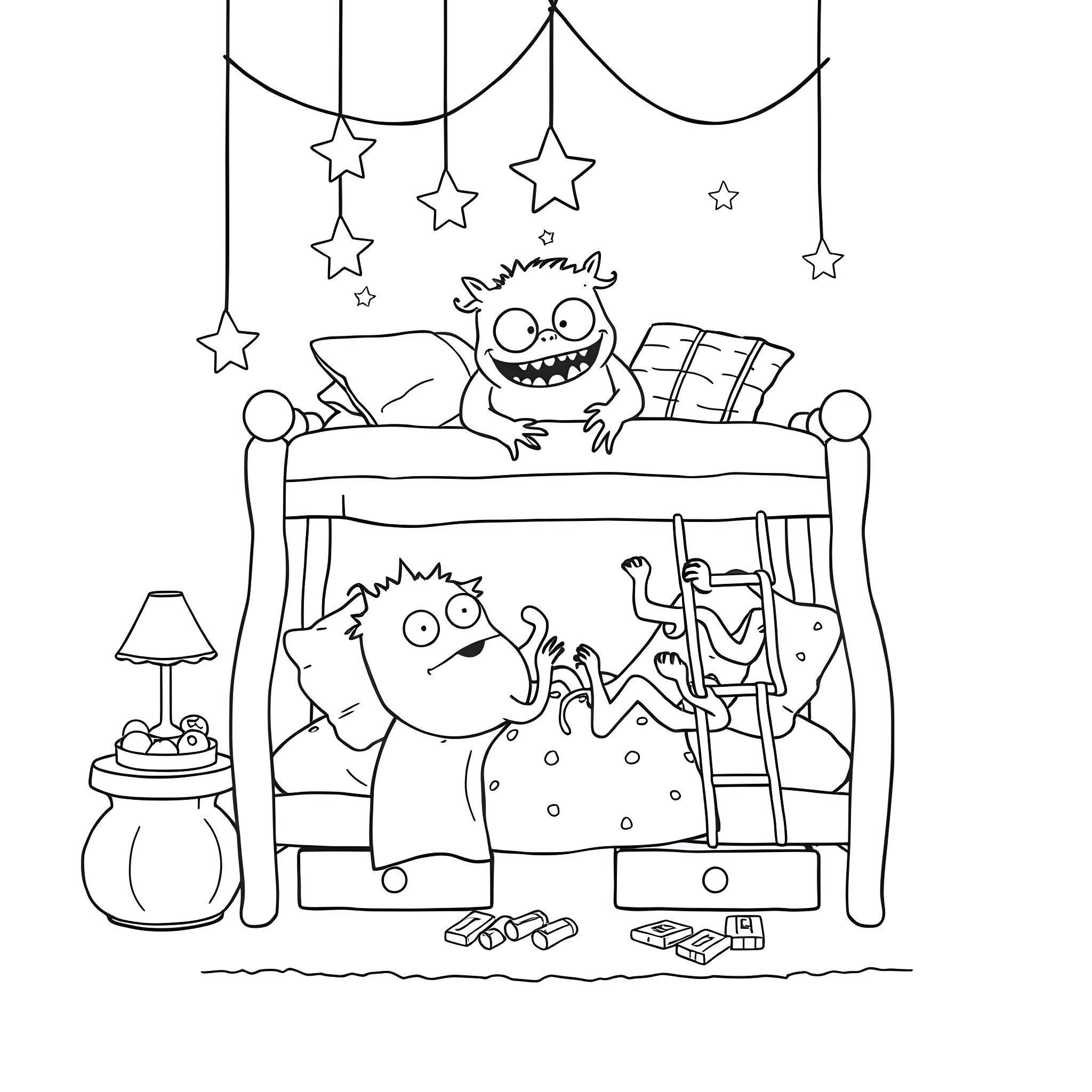 Monster friends having a fun sleepover party Coloring Page (free black-and-white line drawing printable PDF for all, from beginners to advanced learners, including children, teens, adults, and seniors)