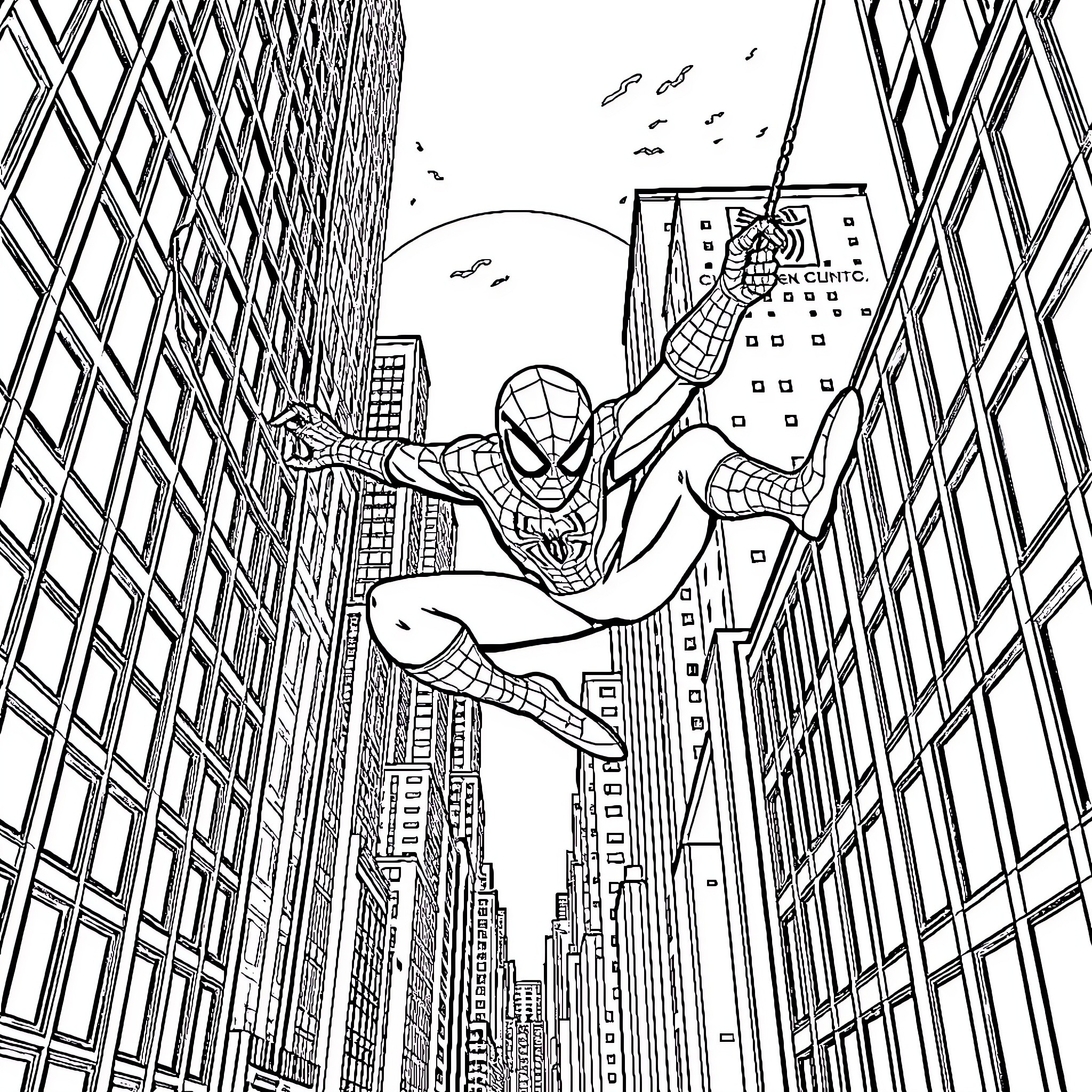 Spiderman swinging through the city skyscrapers Coloring Page (free black-and-white line drawing printable PDF for all, from beginners to advanced learners, including children, teens, adults, and seniors)
