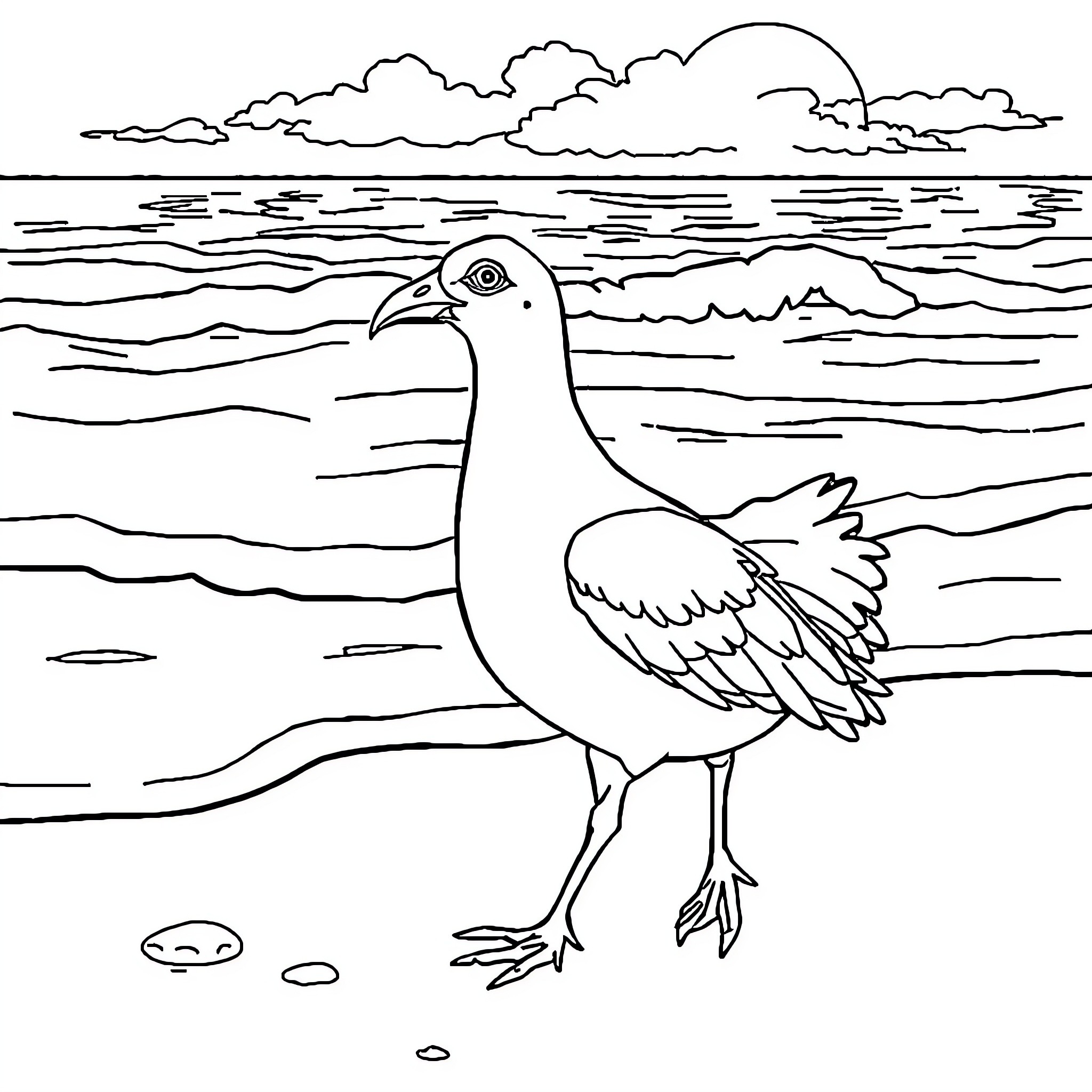Gallo Bird Wading in the Watery Seascape Coloring Page (free black-and-white line drawing printable PDF for all, from beginners to advanced learners, including children, teens, adults, and seniors)
