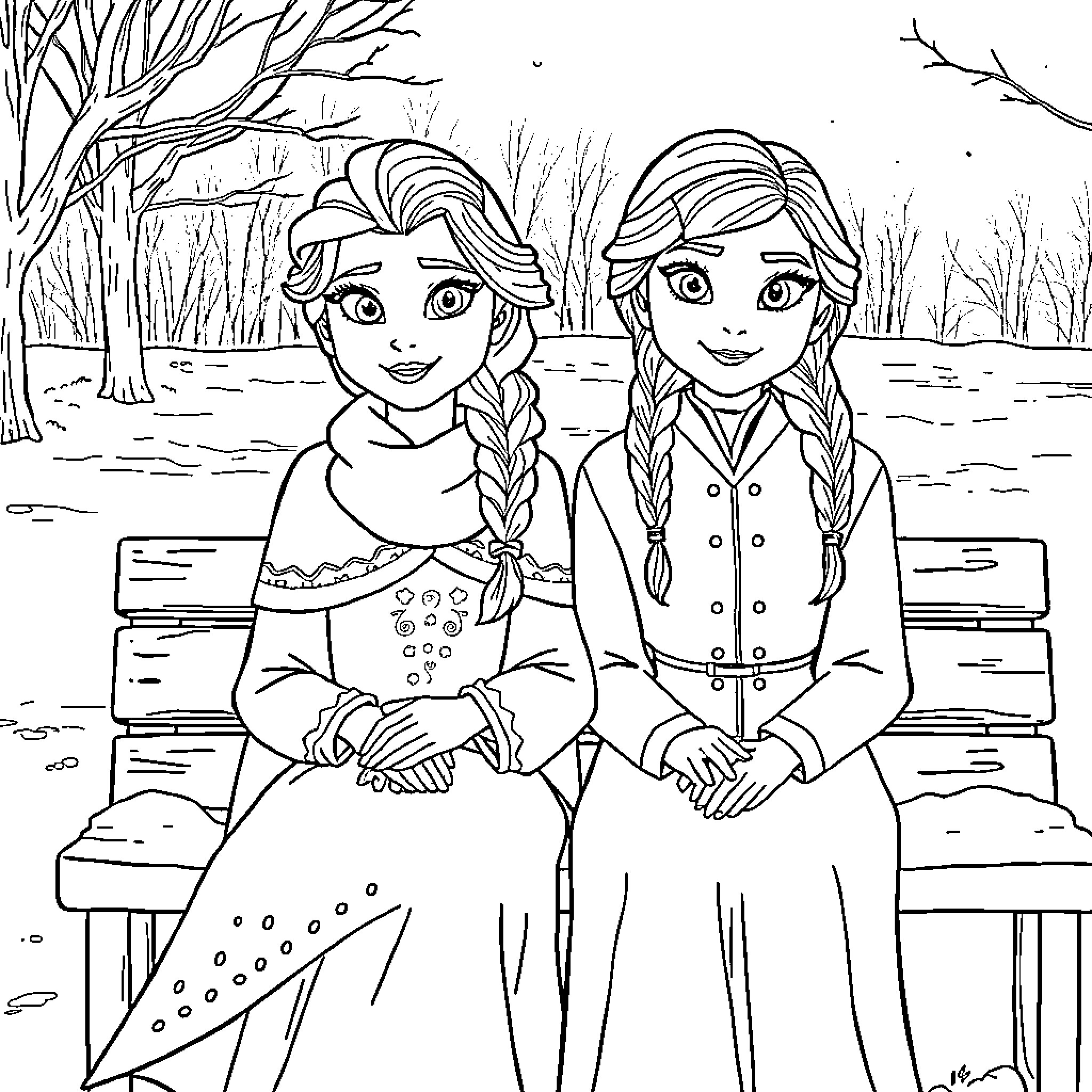 Elsa and Anna enjoying a winter park scene Coloring Page (free black-and-white line drawing printable PDF for all, from beginners to advanced learners, including children, teens, adults, and seniors)