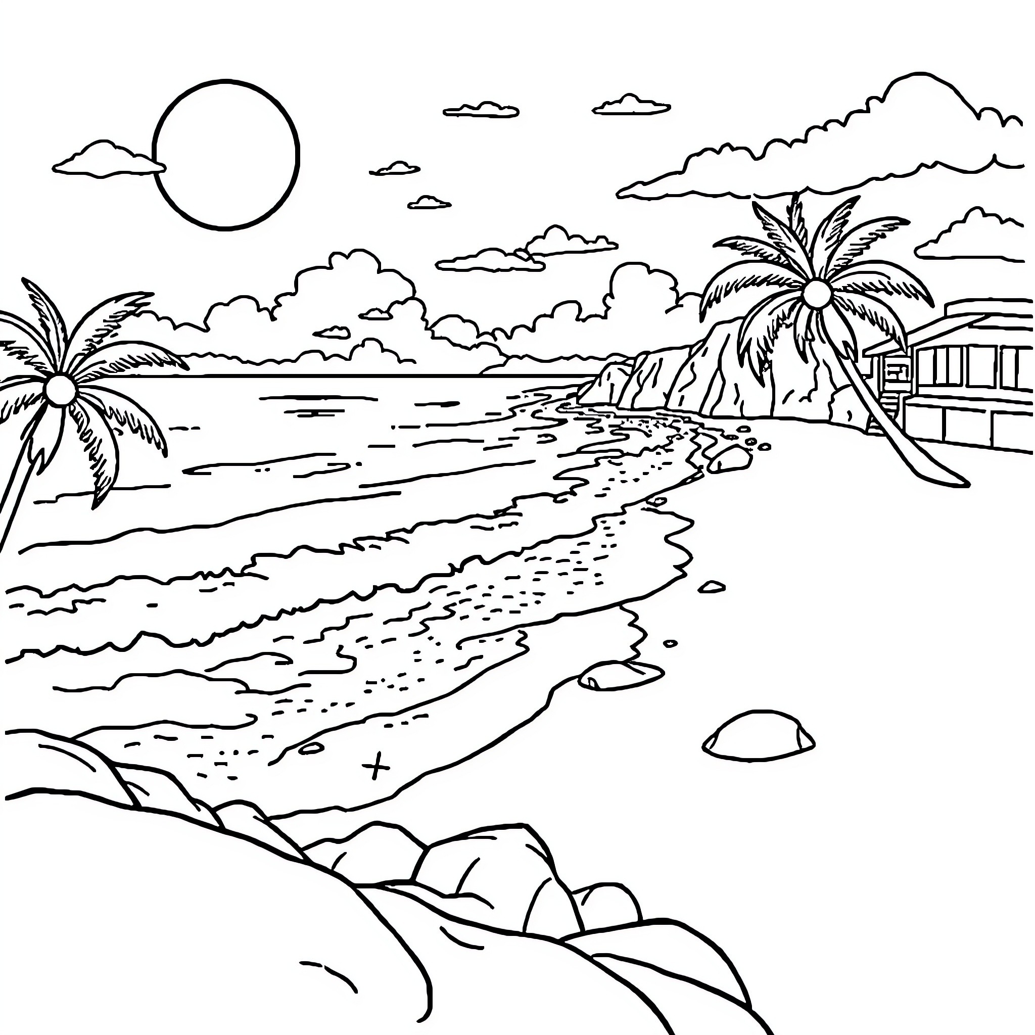 Malibu beach scene with palm trees and cloudy sky Coloring Page (free black-and-white line drawing printable PDF for all, from beginners to advanced learners, including children, teens, adults, and seniors)