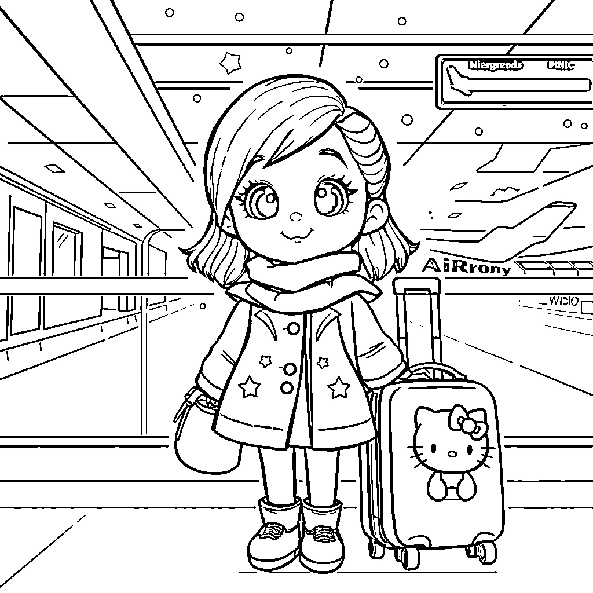 Girl waits excitedly at the airport with her luggage Coloring Page (free black-and-white line drawing printable PDF for all, from beginners to advanced learners, including children, teens, adults, and seniors)