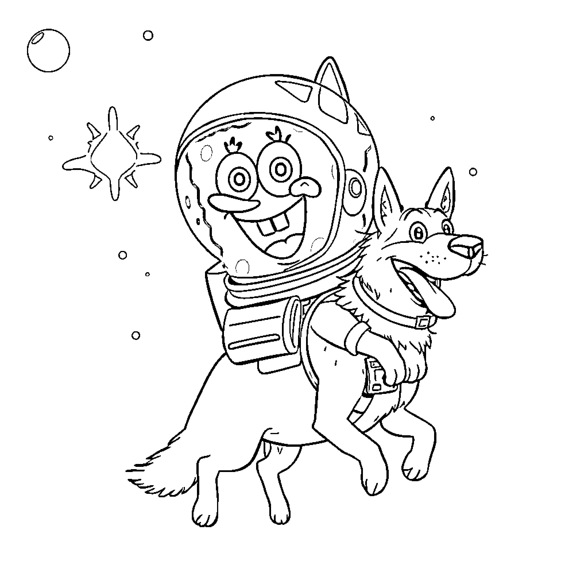 Spongebob and his dog friend in space adventure Coloring Page (free black-and-white line drawing printable PDF for all, from beginners to advanced learners, including children, teens, adults, and seniors)