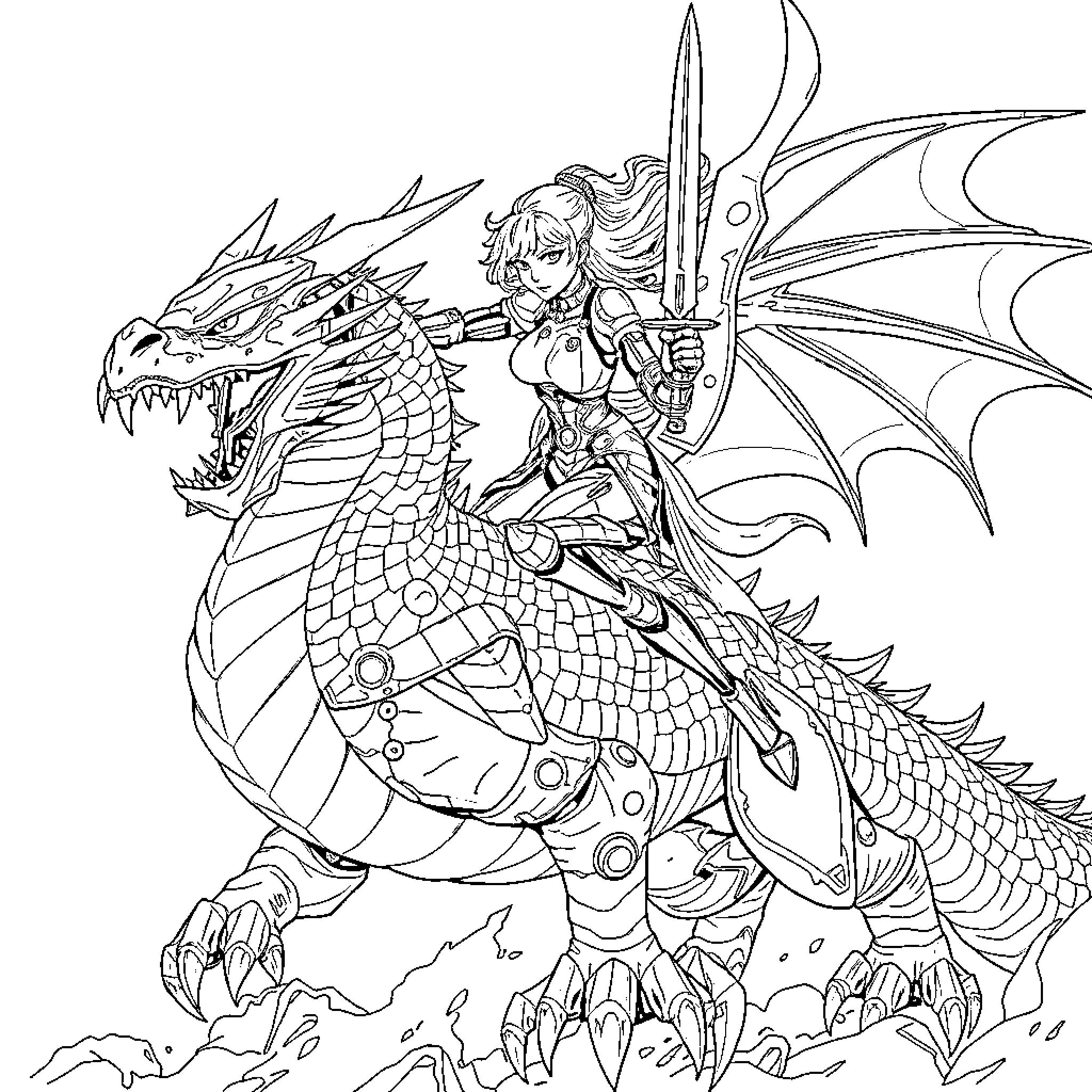 Cyborg warrior riding a fierce dragon Coloring Page (free black-and-white line drawing printable PDF for all, from beginners to advanced learners, including children, teens, adults, and seniors)