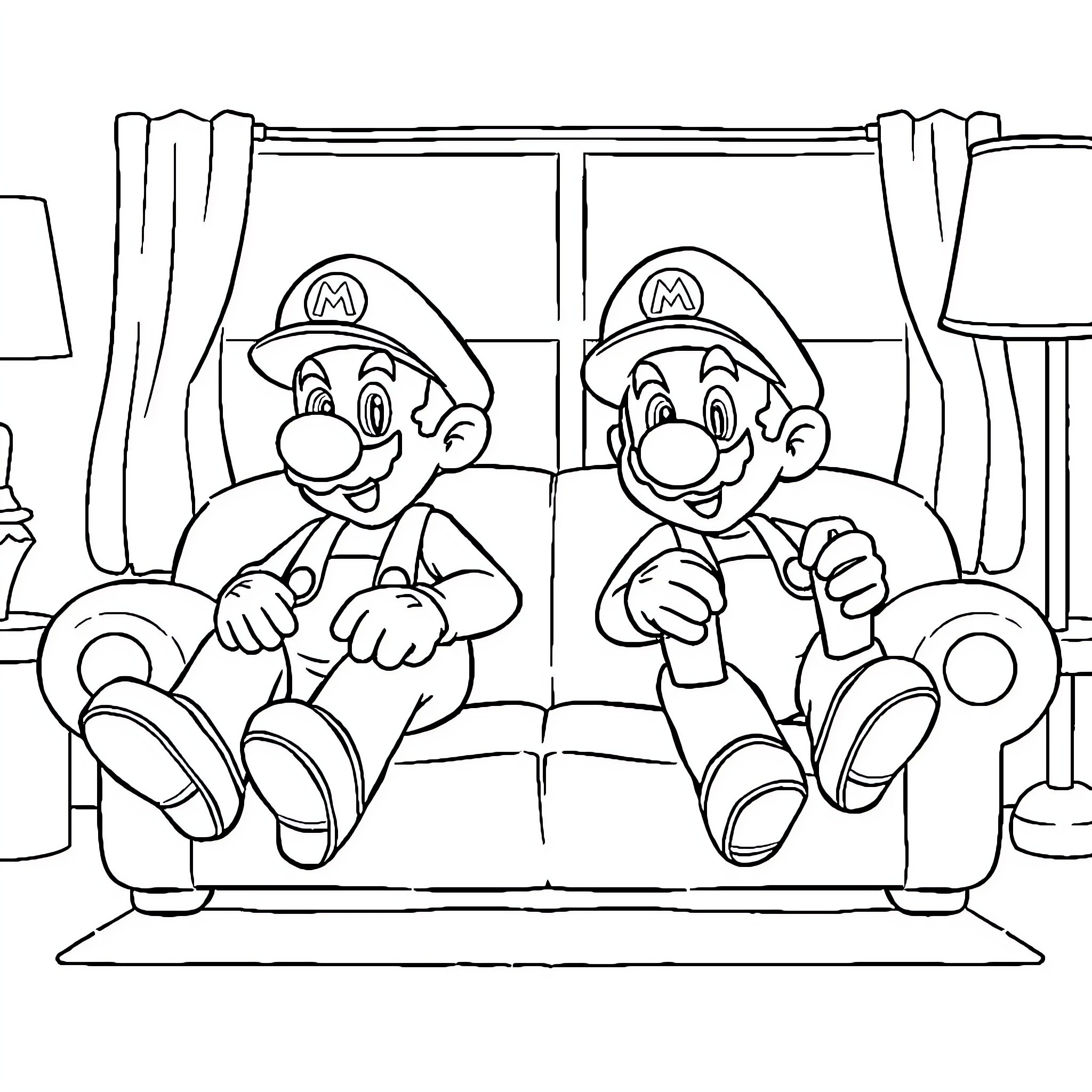Mario Brothers Relaxing on the Couch Coloring Page (free black-and-white line drawing printable PDF for all, from beginners to advanced learners, including children, teens, adults, and seniors)
