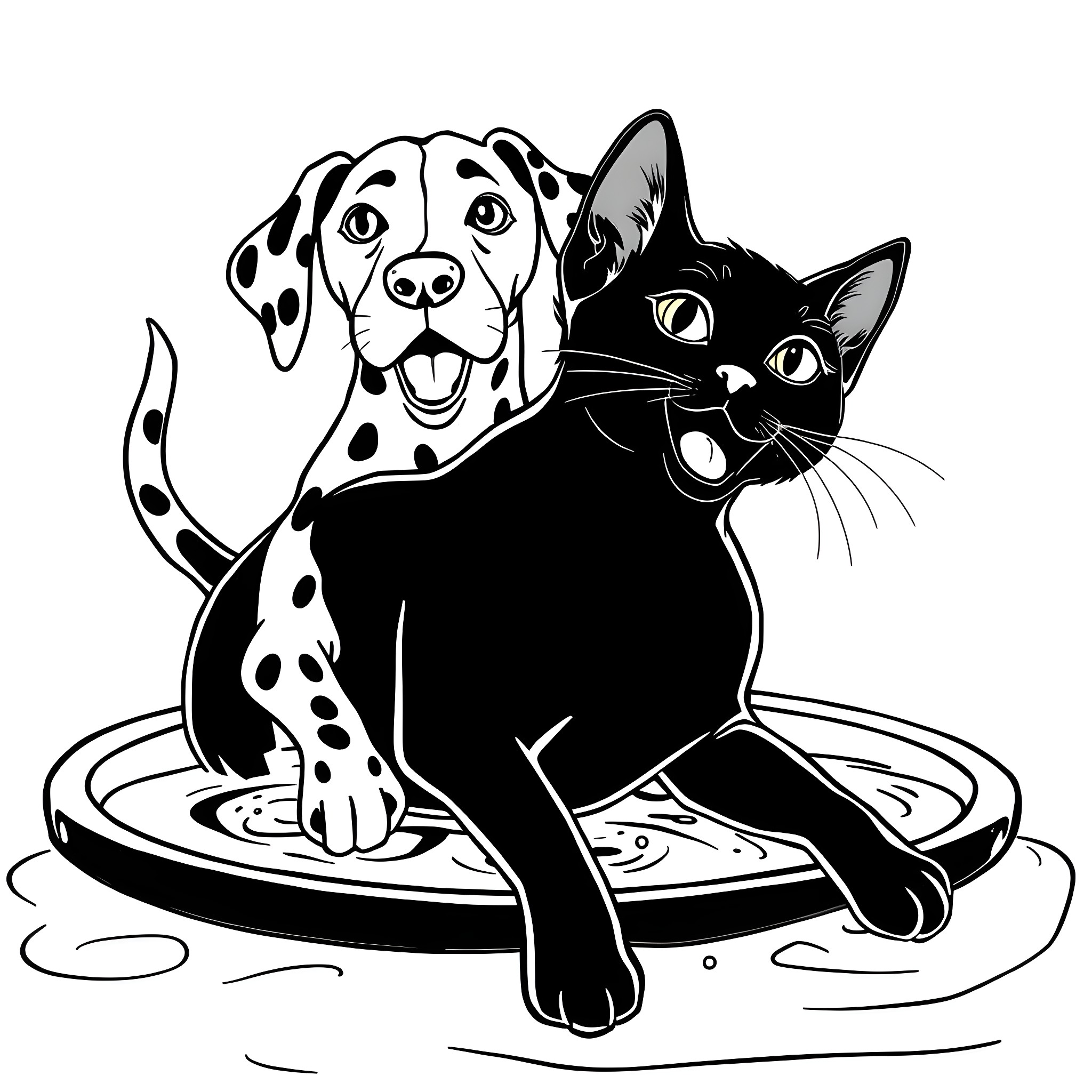 Cat and dog friends enjoying the outdoors Coloring Page (free black-and-white line drawing printable PDF for all, from beginners to advanced learners, including children, teens, adults, and seniors)