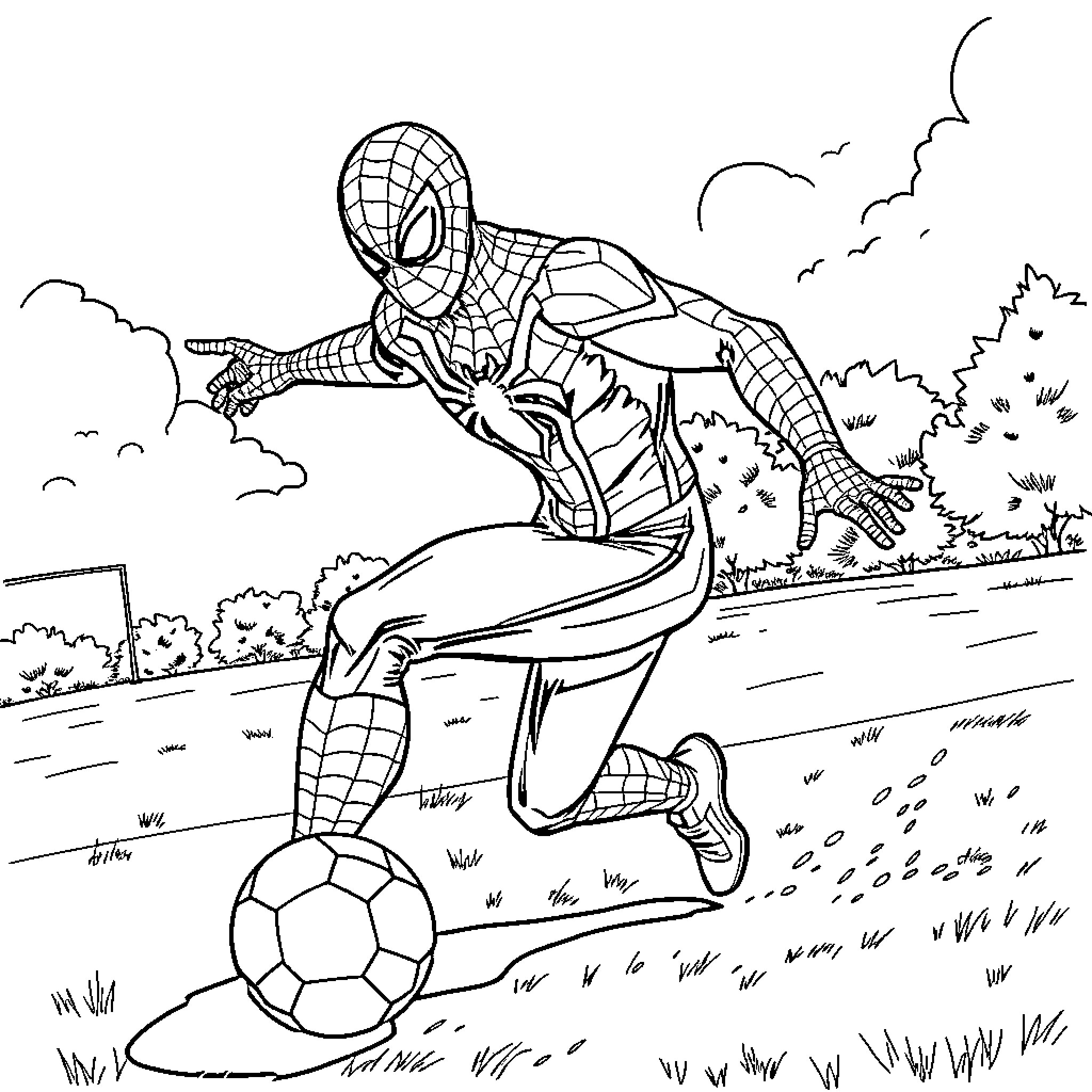 Spider-Man playing soccer in an outdoor setting Coloring Page (free black-and-white line drawing printable PDF for all, from beginners to advanced learners, including children, teens, adults, and seniors)