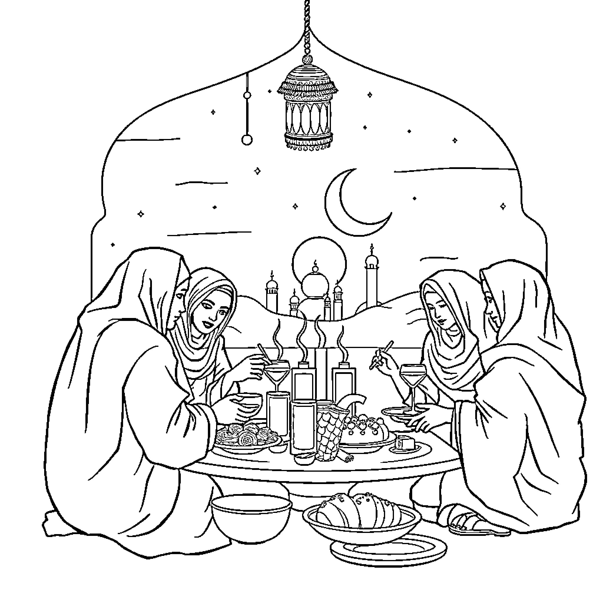 Ramadan gathering with traditional dress and decor Coloring Page (free black-and-white line drawing printable PDF for all, from beginners to advanced learners, including children, teens, adults, and seniors)