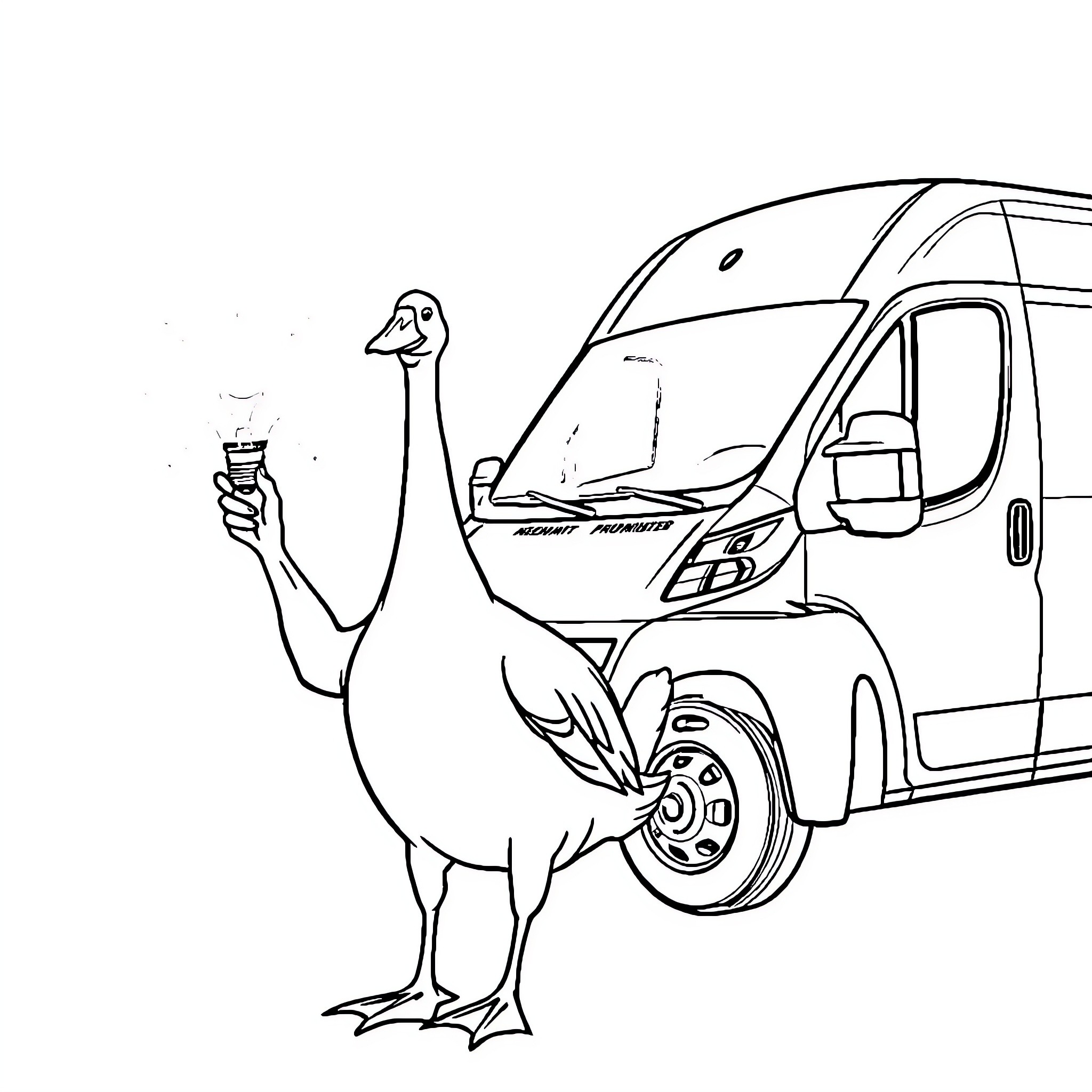 Goose strutting near an unusual vehicle Coloring Page (free black-and-white line drawing printable PDF for all, from beginners to advanced learners, including children, teens, adults, and seniors)